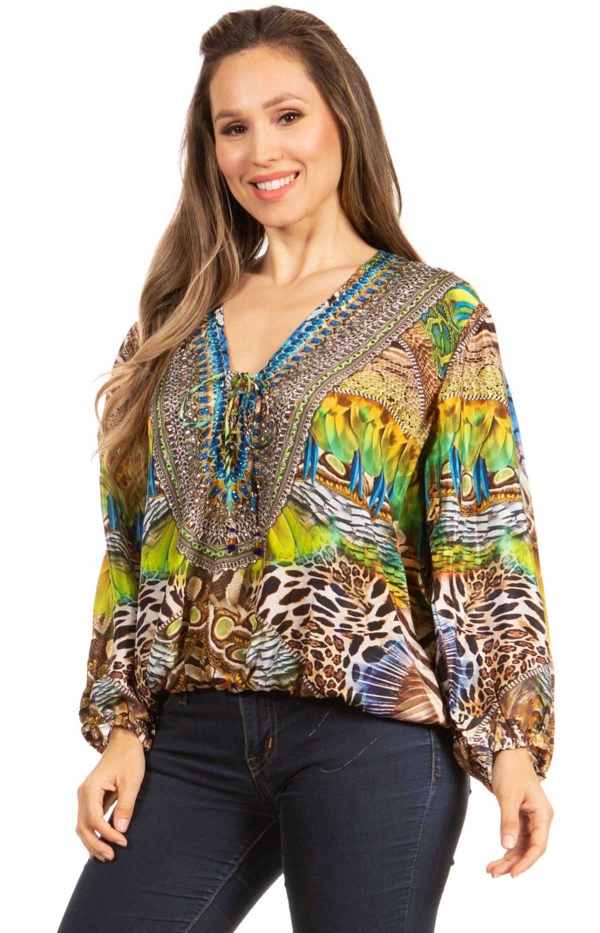 Women's Boho Floral Tunic Top with V-Neck and Elastic Sleeves by Sakkas Sante tops La Vie Bien Women's Boho Floral Tunic Top with V-Neck and Elastic Sleeves by Sakkas Sante