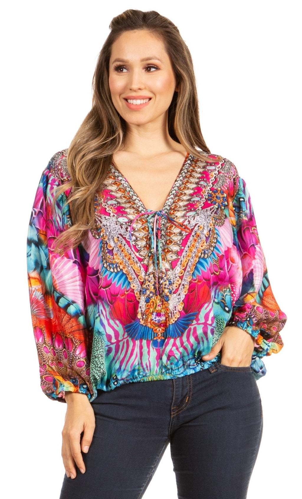 Women's Boho Floral Tunic Top with V-Neck and Elastic Sleeves by Sakkas Sante tops La Vie Bien Women's Boho Floral Tunic Top with V-Neck and Elastic Sleeves by Sakkas Sante