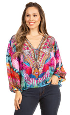 Women's Boho Floral Tunic Top with V-Neck and Elastic Sleeves by Sakkas Sante tops La Vie Bien Women's Boho Floral Tunic Top with V-Neck and Elastic Sleeves by Sakkas Sante