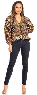 Women's Boho Floral Tunic Top with V-Neck and Elastic Sleeves by Sakkas Sante tops La Vie Bien Women's Boho Floral Tunic Top with V-Neck and Elastic Sleeves by Sakkas Sante