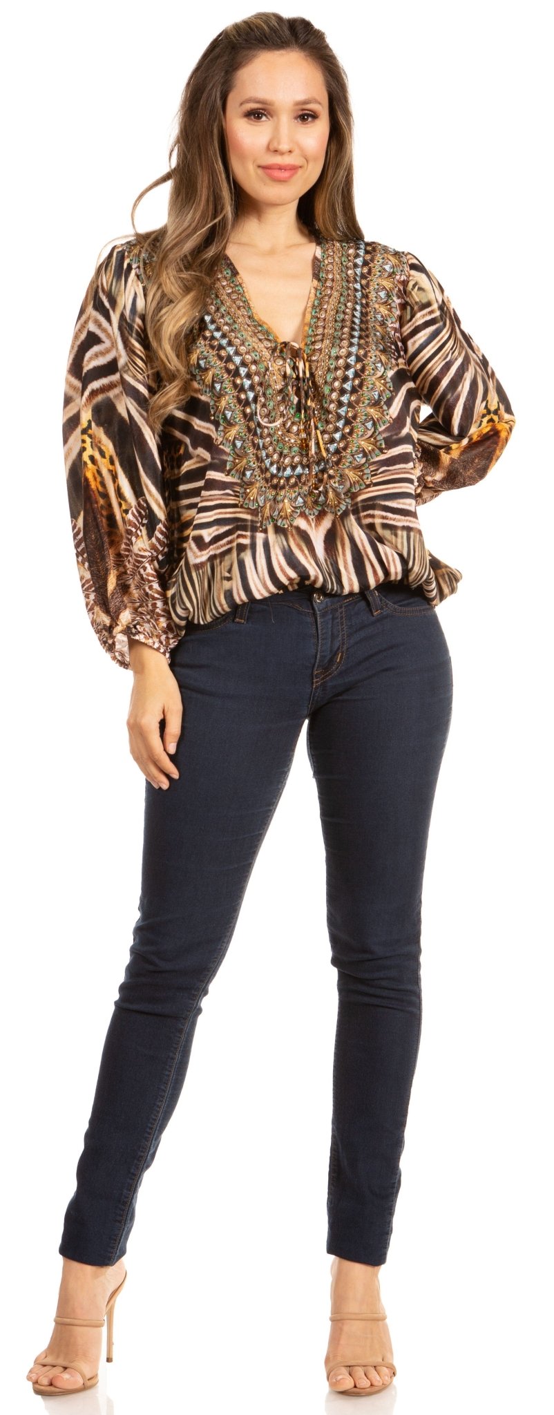 Women's Boho Floral Tunic Top with V-Neck and Elastic Sleeves by Sakkas Sante tops La Vie Bien Women's Boho Floral Tunic Top with V-Neck and Elastic Sleeves by Sakkas Sante