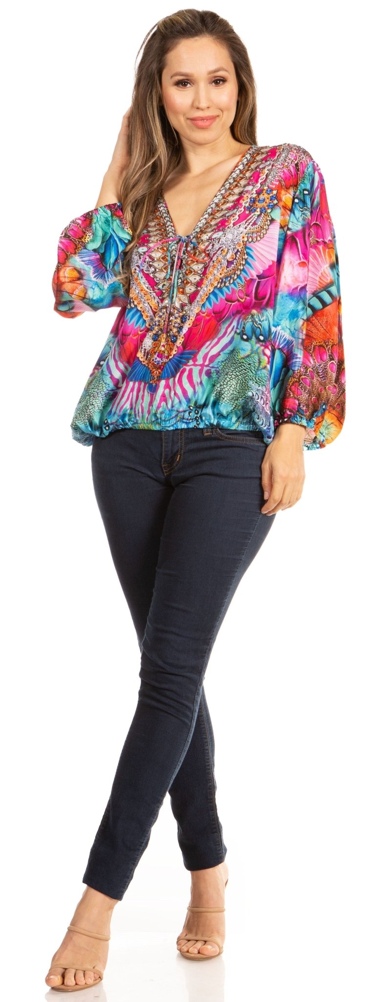 Women's Boho Floral Tunic Top with V-Neck and Elastic Sleeves by Sakkas Sante tops La Vie Bien Women's Boho Floral Tunic Top with V-Neck and Elastic Sleeves by Sakkas Sante