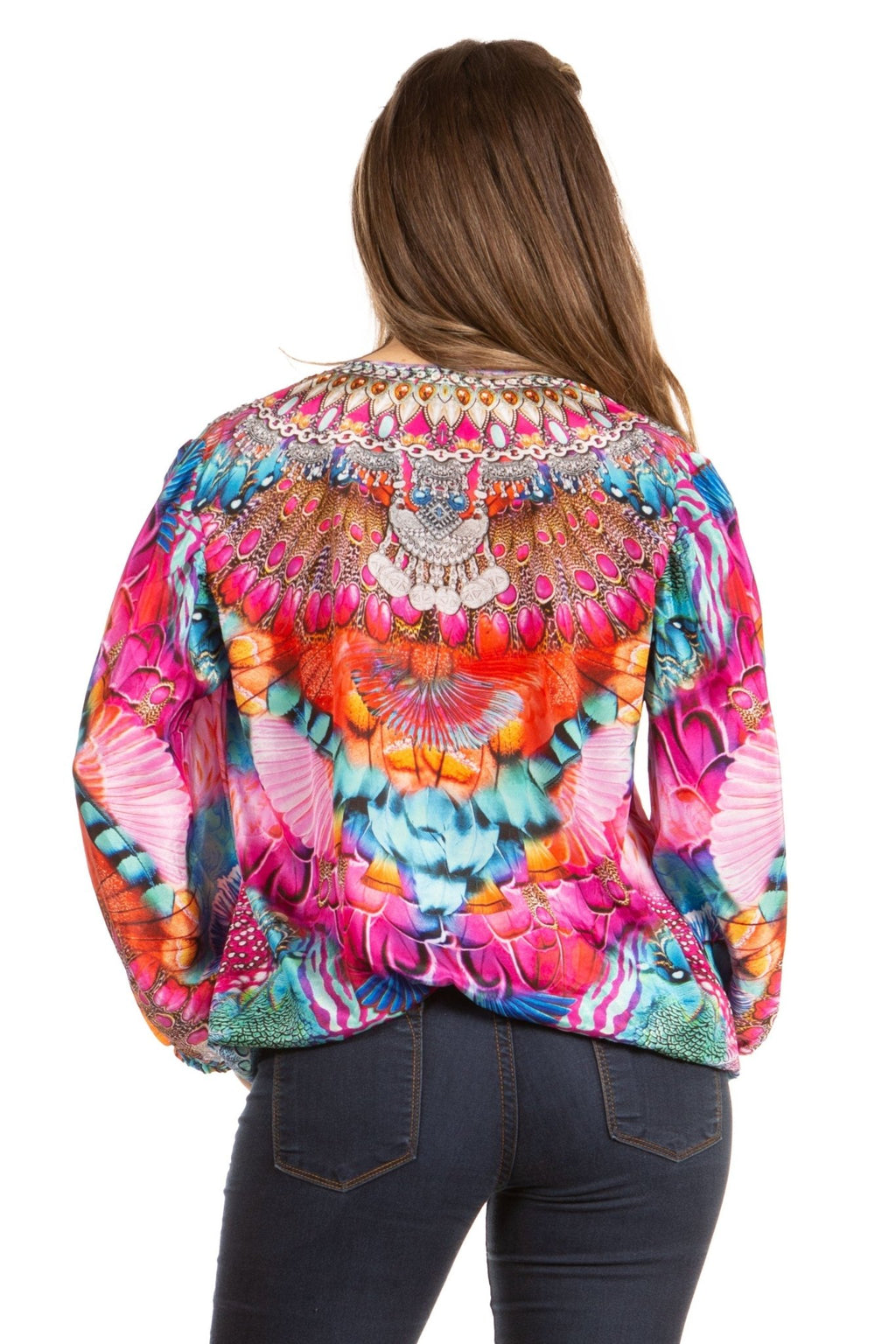 Women's Boho Floral Tunic Top with V-Neck and Elastic Sleeves by Sakkas Sante tops La Vie Bien Women's Boho Floral Tunic Top with V-Neck and Elastic Sleeves by Sakkas Sante