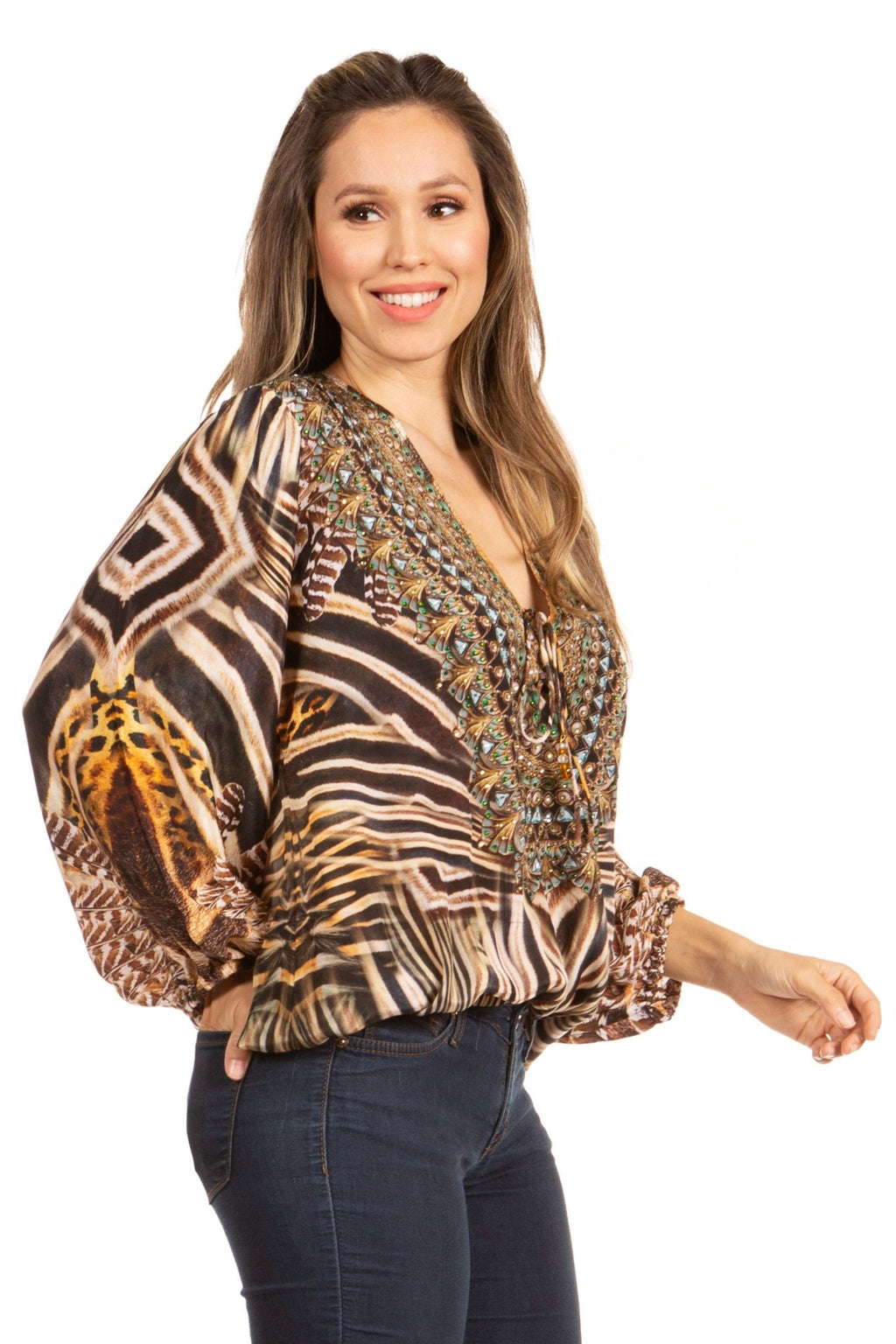 Women's Boho Floral Tunic Top with V-Neck and Elastic Sleeves by Sakkas Sante tops La Vie Bien Women's Boho Floral Tunic Top with V-Neck and Elastic Sleeves by Sakkas Sante