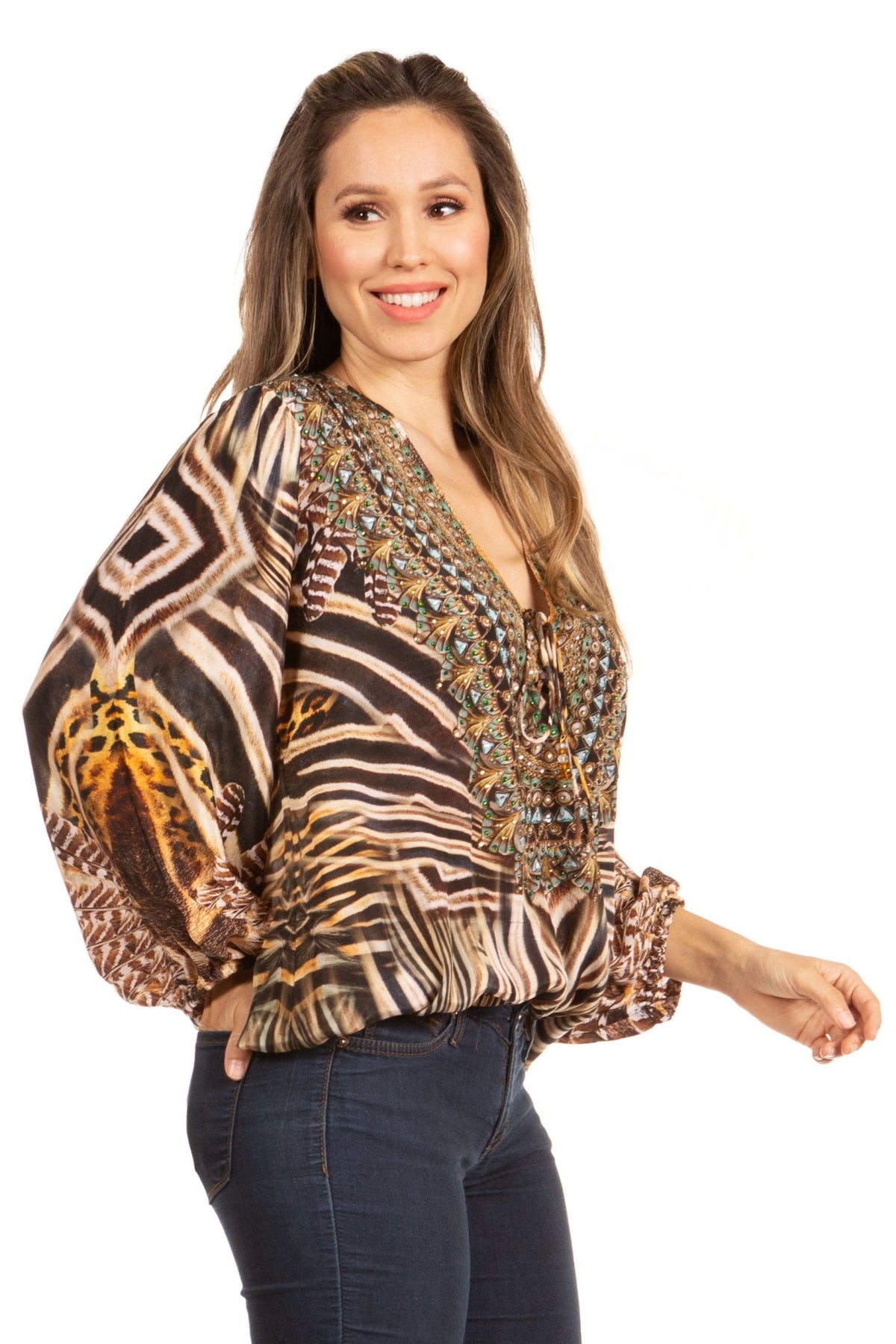 Women's Boho Floral Tunic Top with V-Neck and Elastic Sleeves by Sakkas Sante tops La Vie Bien Women's Boho Floral Tunic Top with V-Neck and Elastic Sleeves by Sakkas Sante