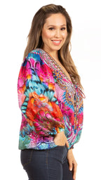 Women's Boho Floral Tunic Top with V-Neck and Elastic Sleeves by Sakkas Sante tops La Vie Bien Women's Boho Floral Tunic Top with V-Neck and Elastic Sleeves by Sakkas Sante