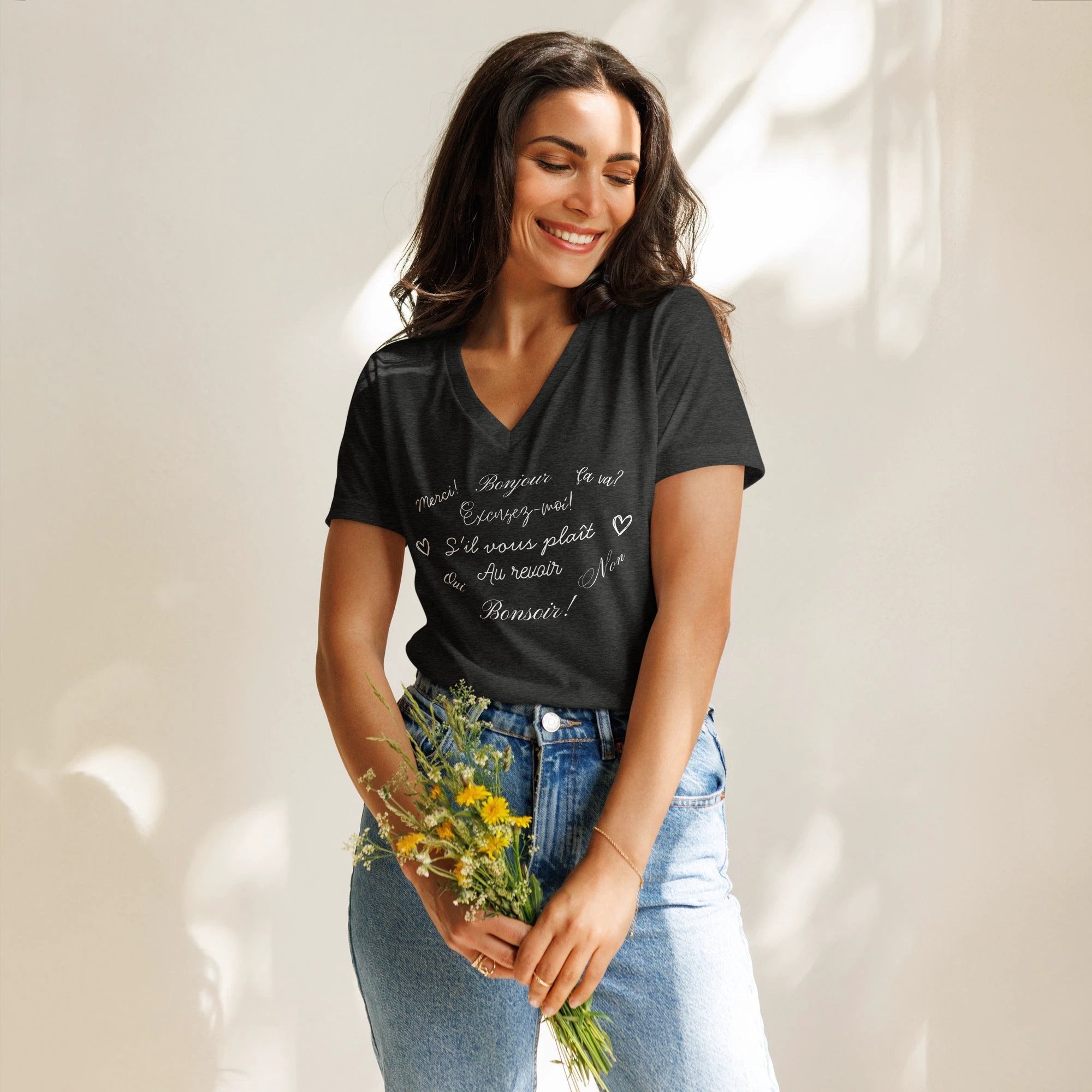 Women’s French phrases relaxed v-neck t-shirt by La Vie Bien