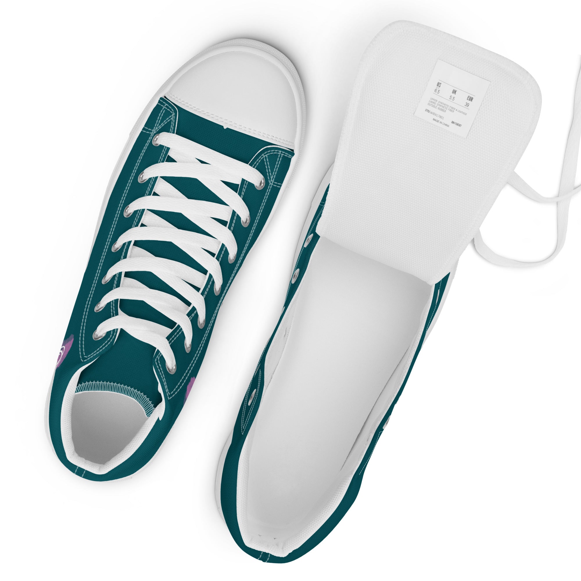 Women’s turquoise and pink heart high top canvas shoes