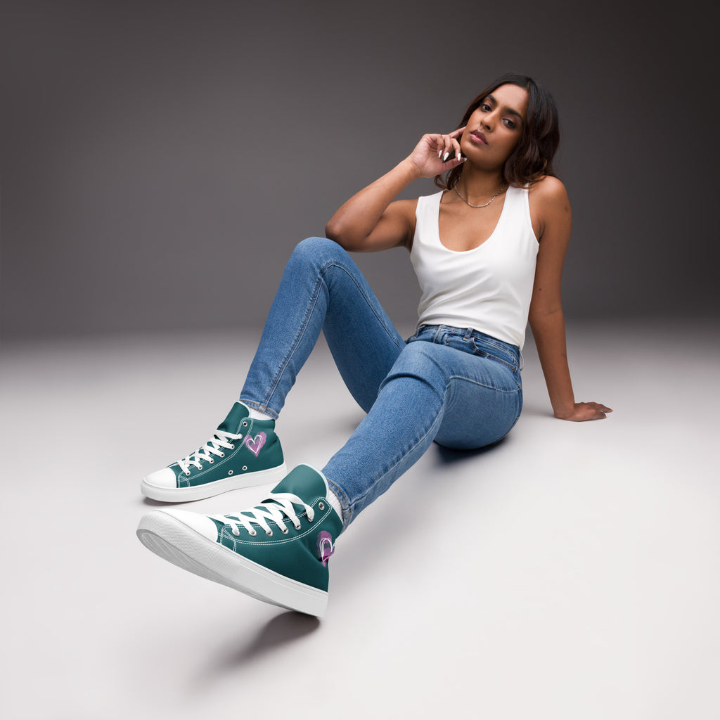 Women’s turquoise and pink heart high top canvas shoes