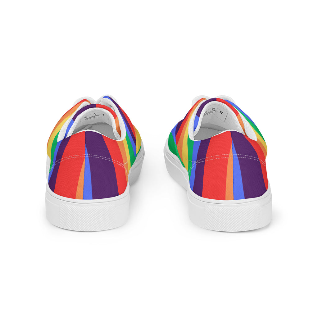 Product mockup of a pair of women's rainbow striped shoes with white soles and white laces
