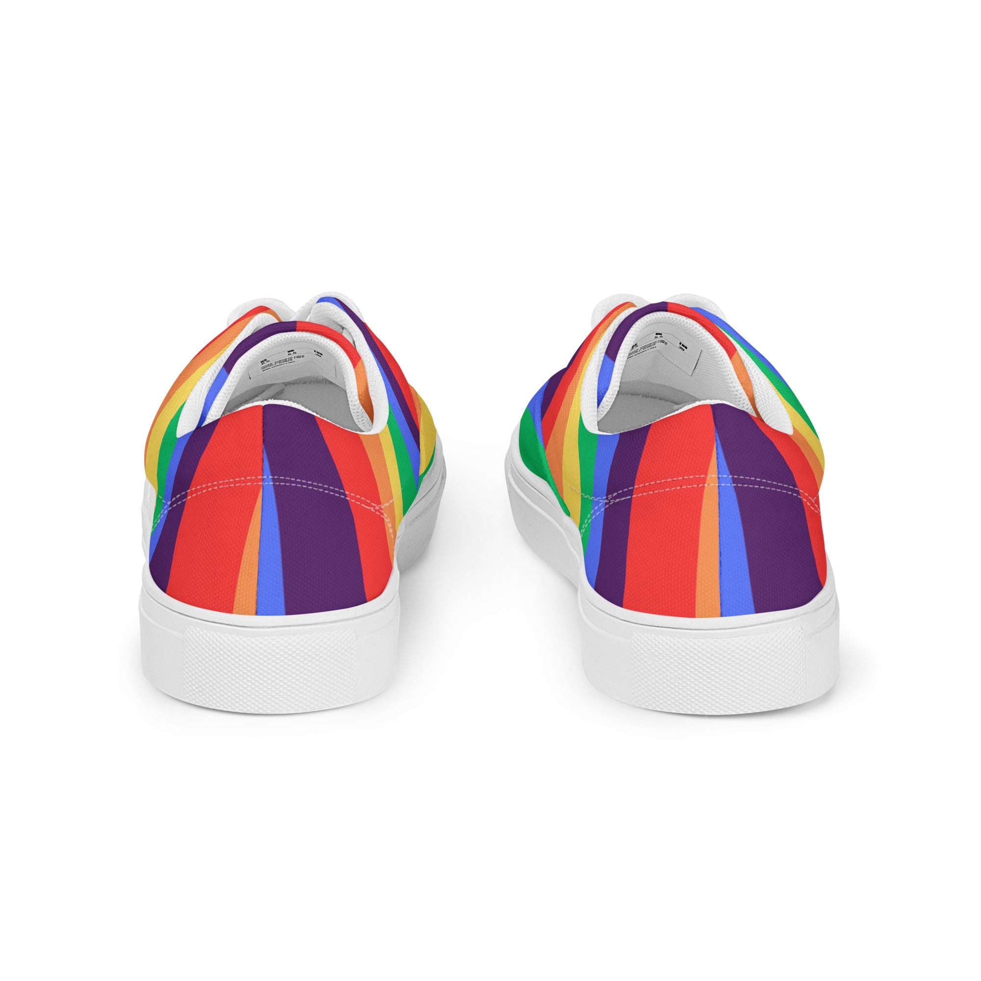 Product mockup of a pair of women's rainbow striped shoes with white soles and white laces