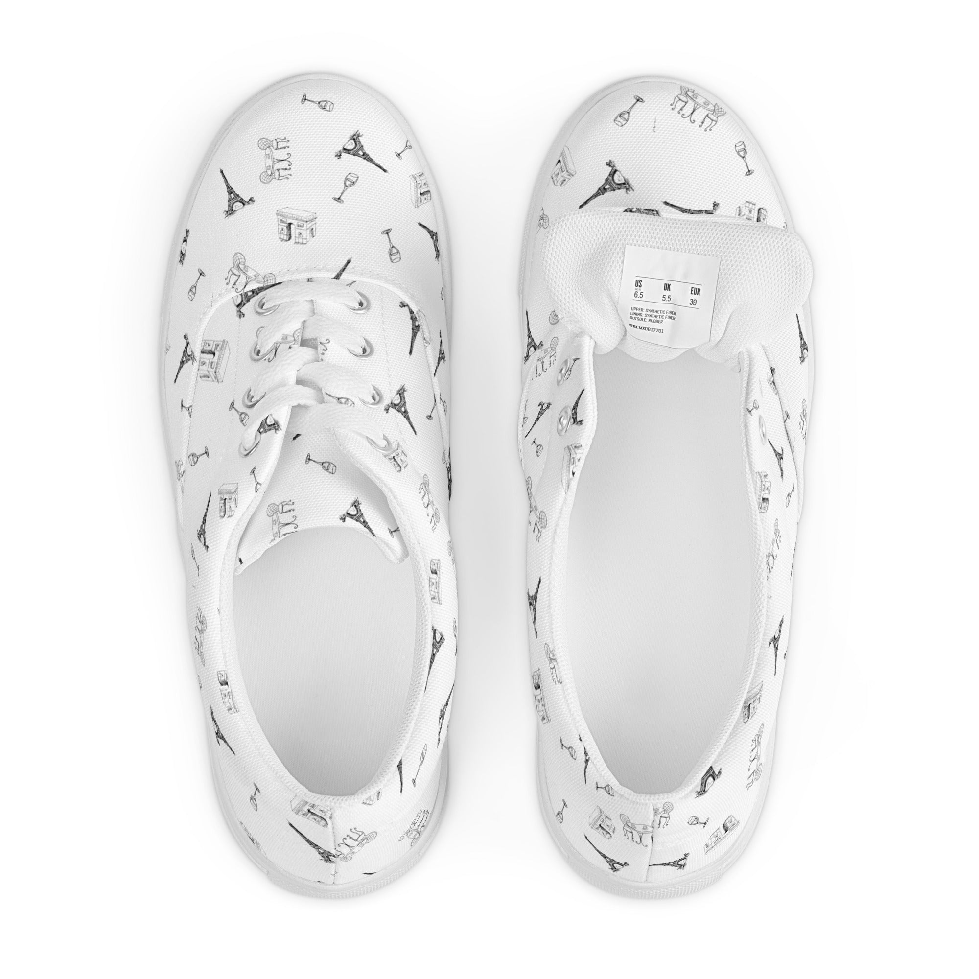 Women’s Parisian Elegance lace-up canvas shoes with french landmarks, black and white