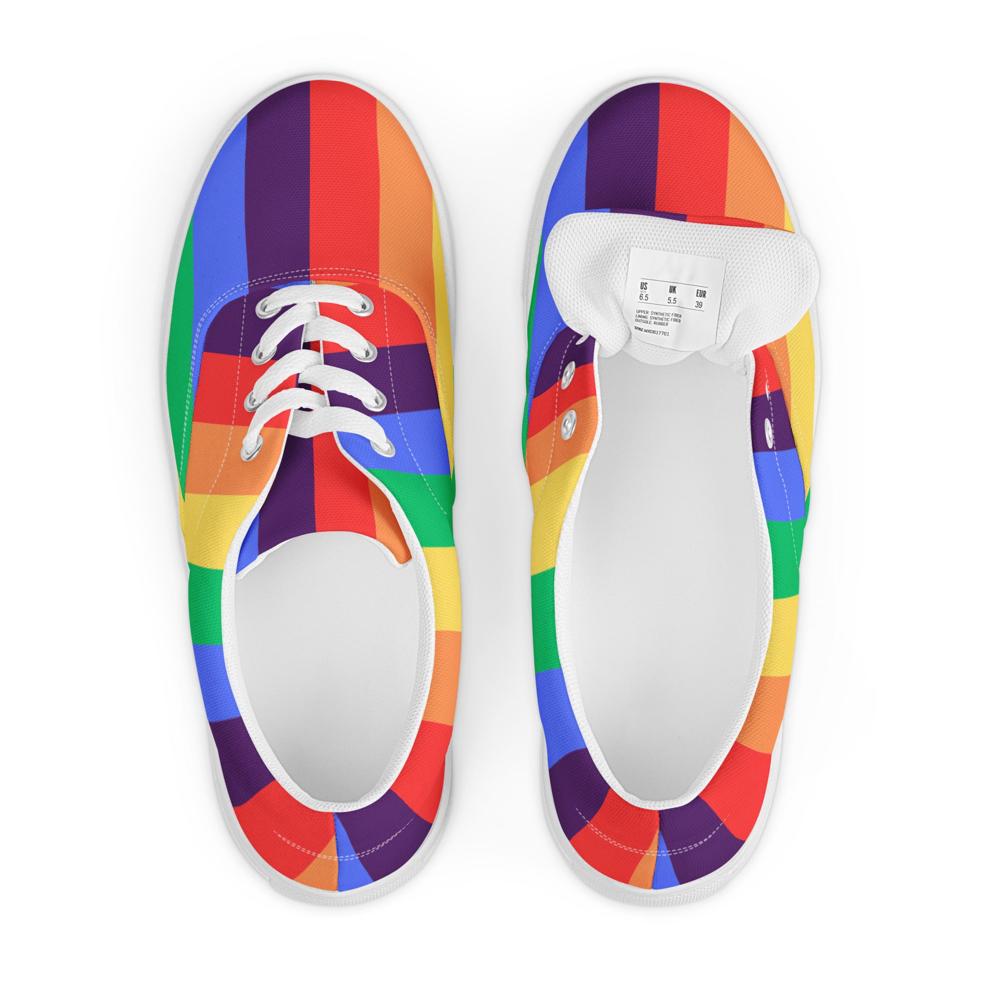 Product mockup of a pair of women's rainbow striped shoes with white soles and white laces