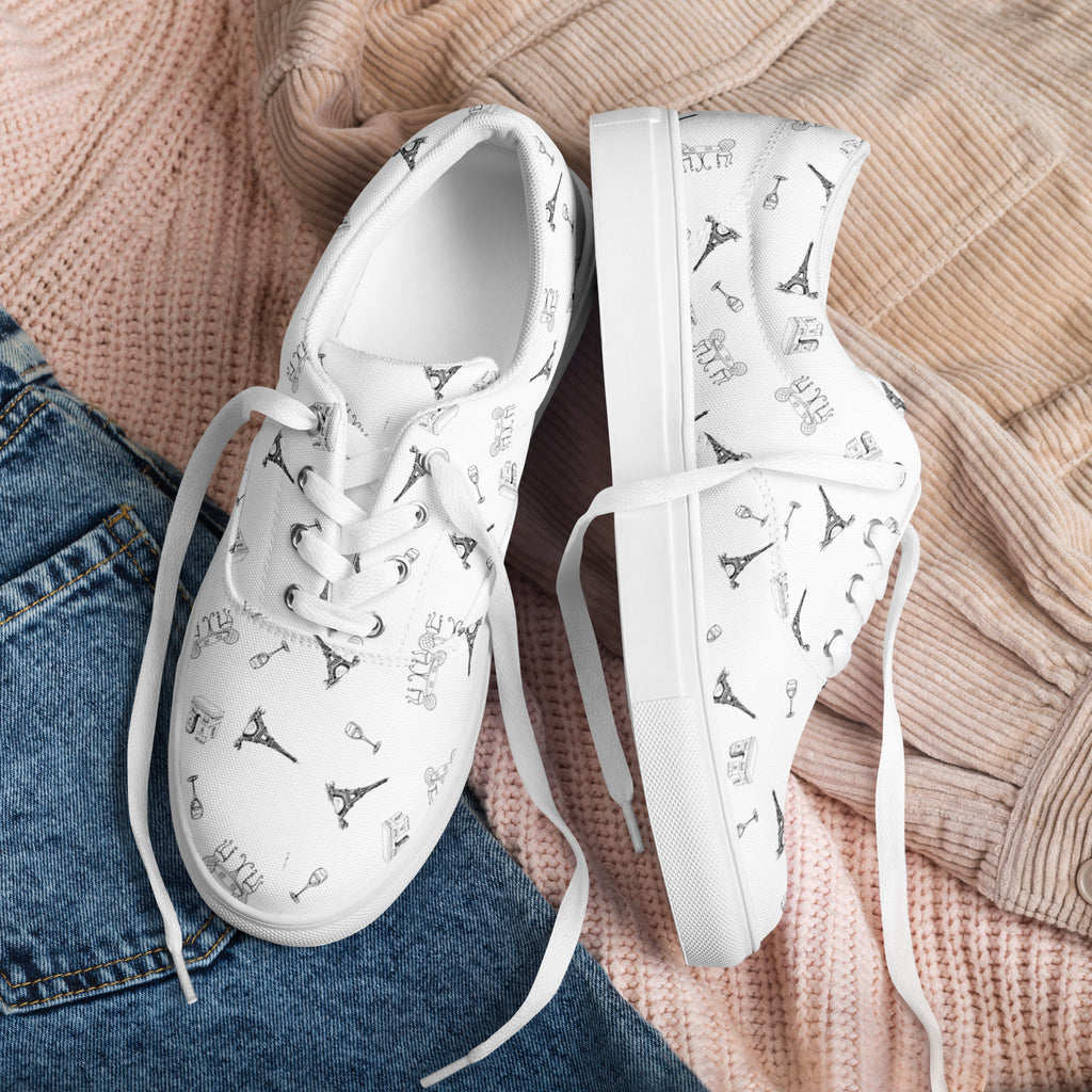 Women’s Parisian Elegance lace-up canvas shoes with french landmarks, black and white