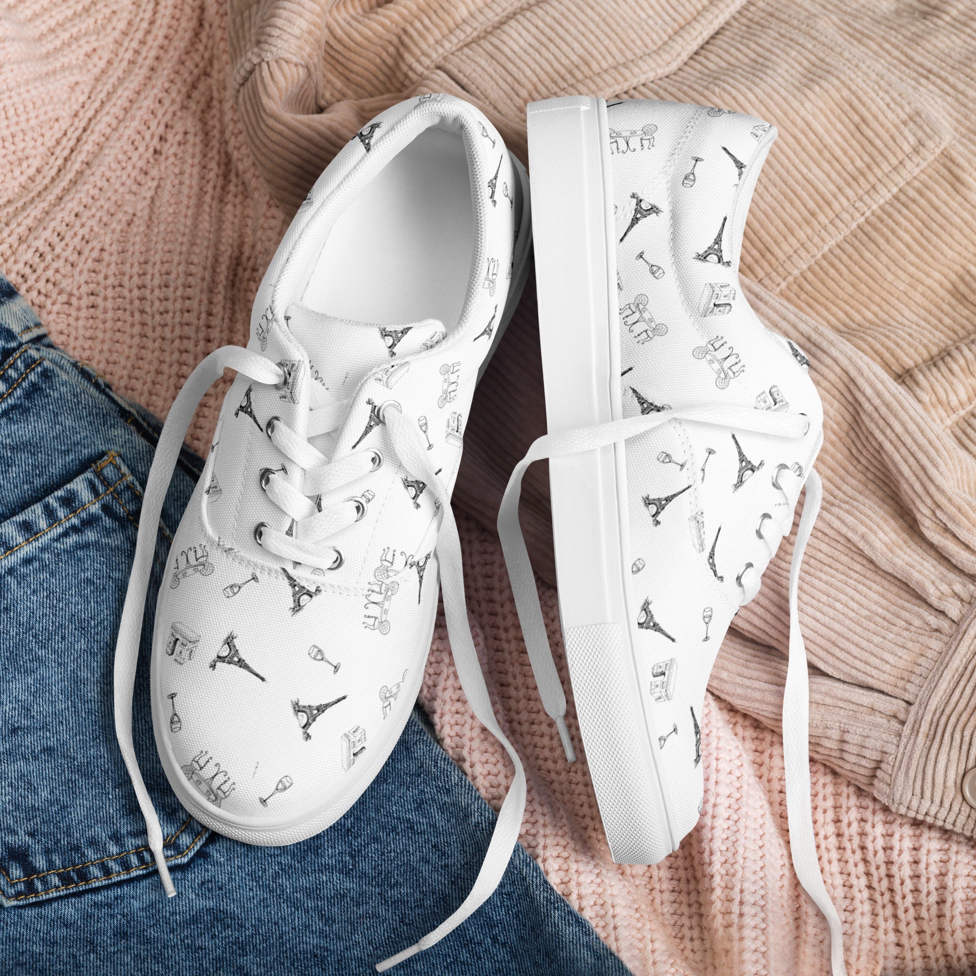 Women’s Parisian Elegance lace-up canvas shoes with french landmarks, black and white