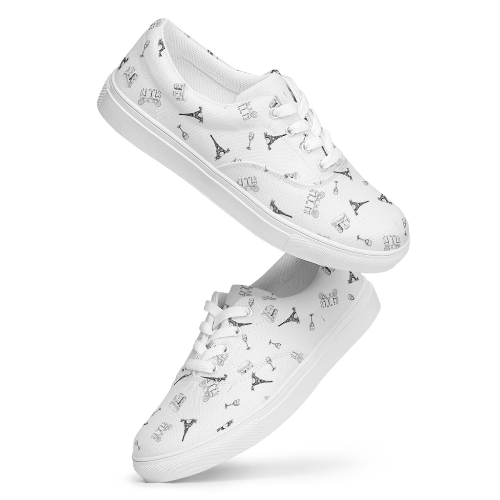 Women’s Parisian Elegance lace-up canvas shoes with french landmarks, black and white