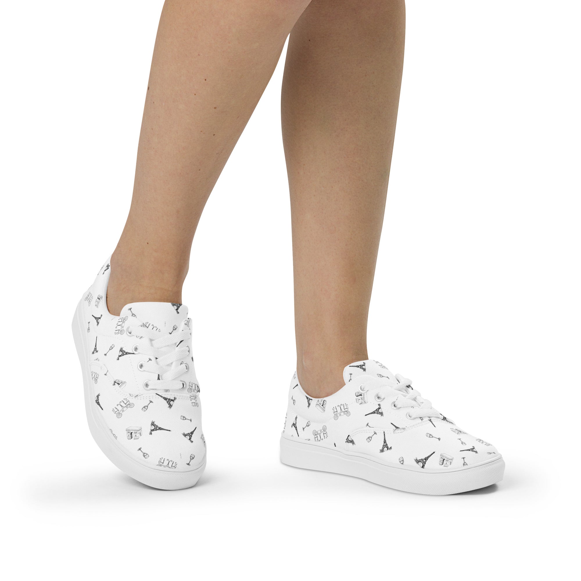 Women’s Parisian Elegance lace-up canvas shoes with french landmarks, black and white
