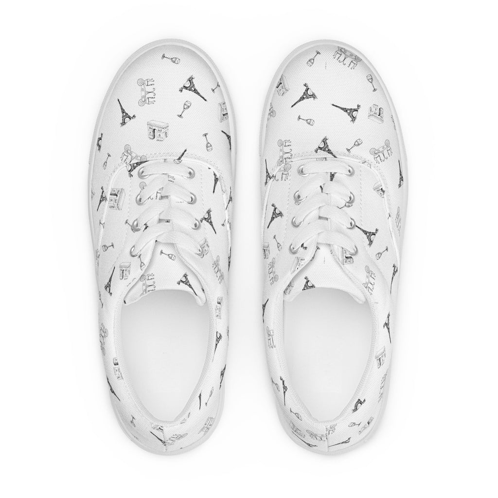 Women’s Parisian Elegance lace-up canvas shoes with french landmarks, black and white