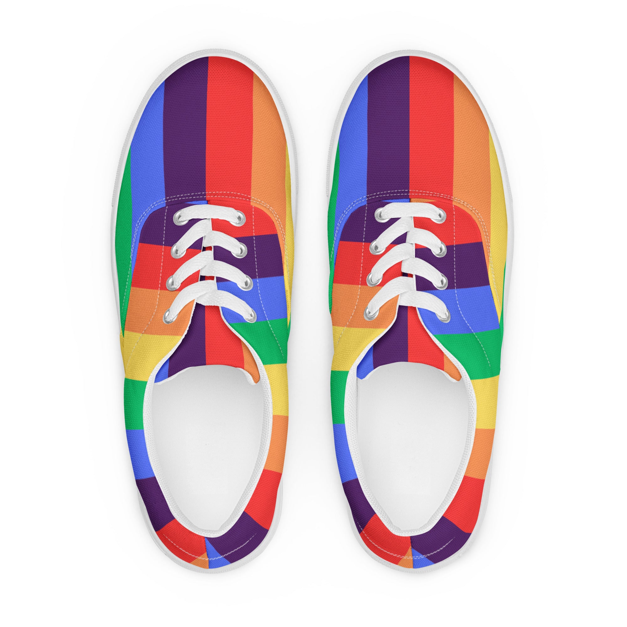 Product mockup of a pair of women's rainbow striped shoes with white soles and white laces