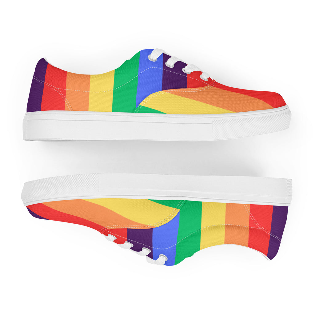 Product mockup of a pair of women's rainbow striped shoes with white soles and white laces