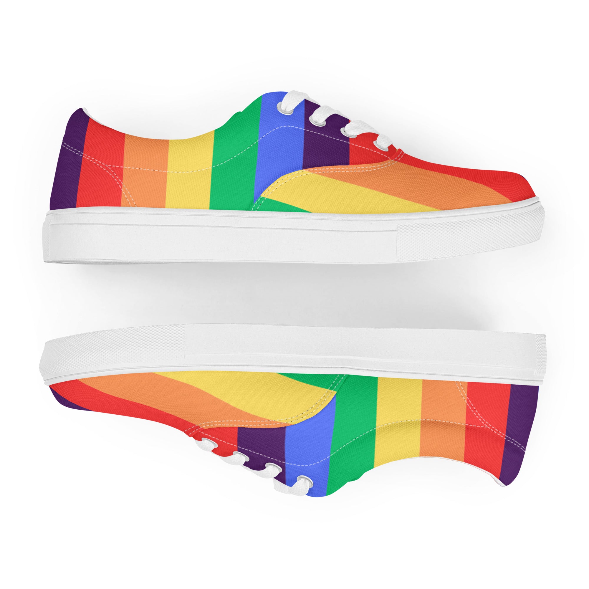 Product mockup of a pair of women's rainbow striped shoes with white soles and white laces