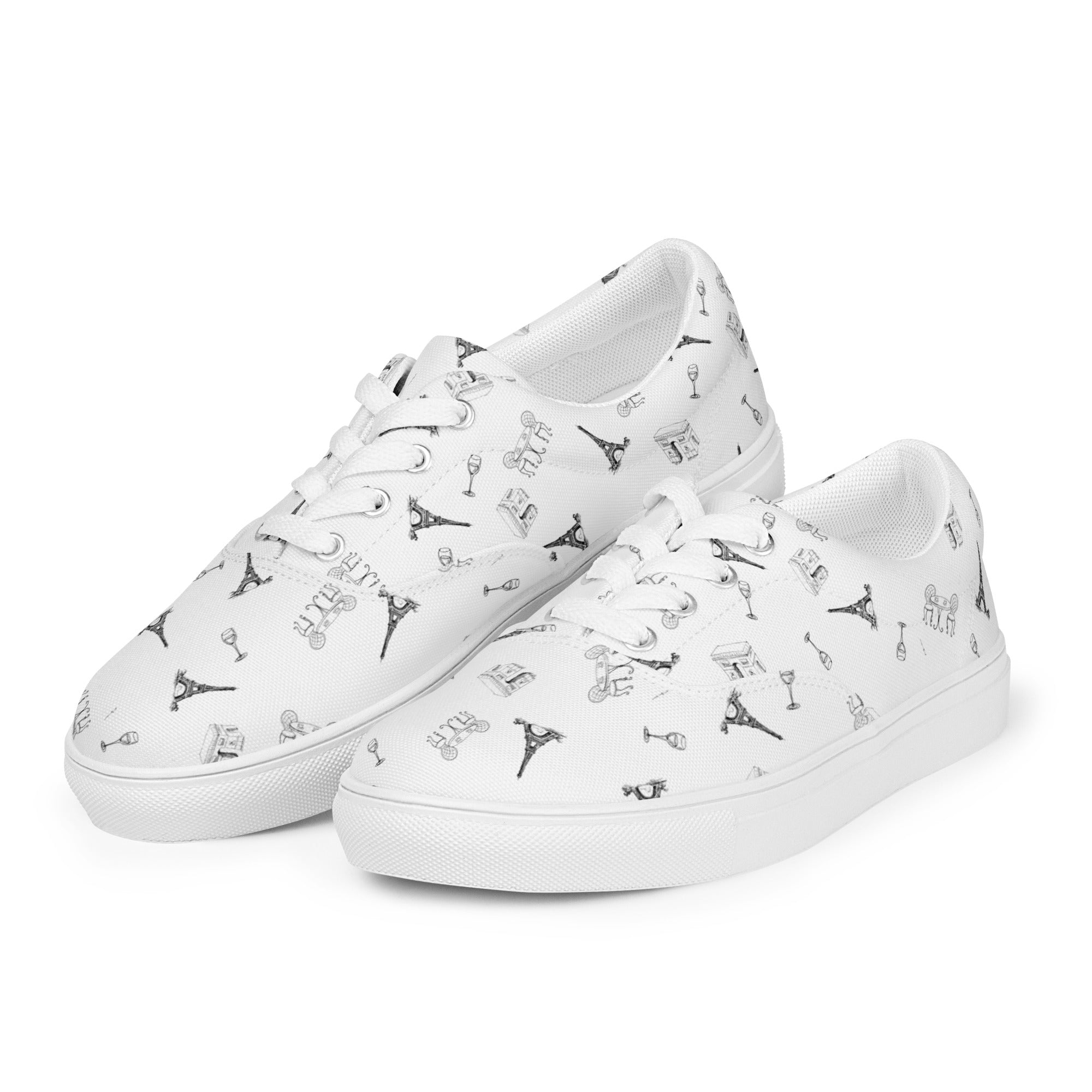 Women’s Parisian Elegance lace-up canvas shoes with french landmarks, black and white