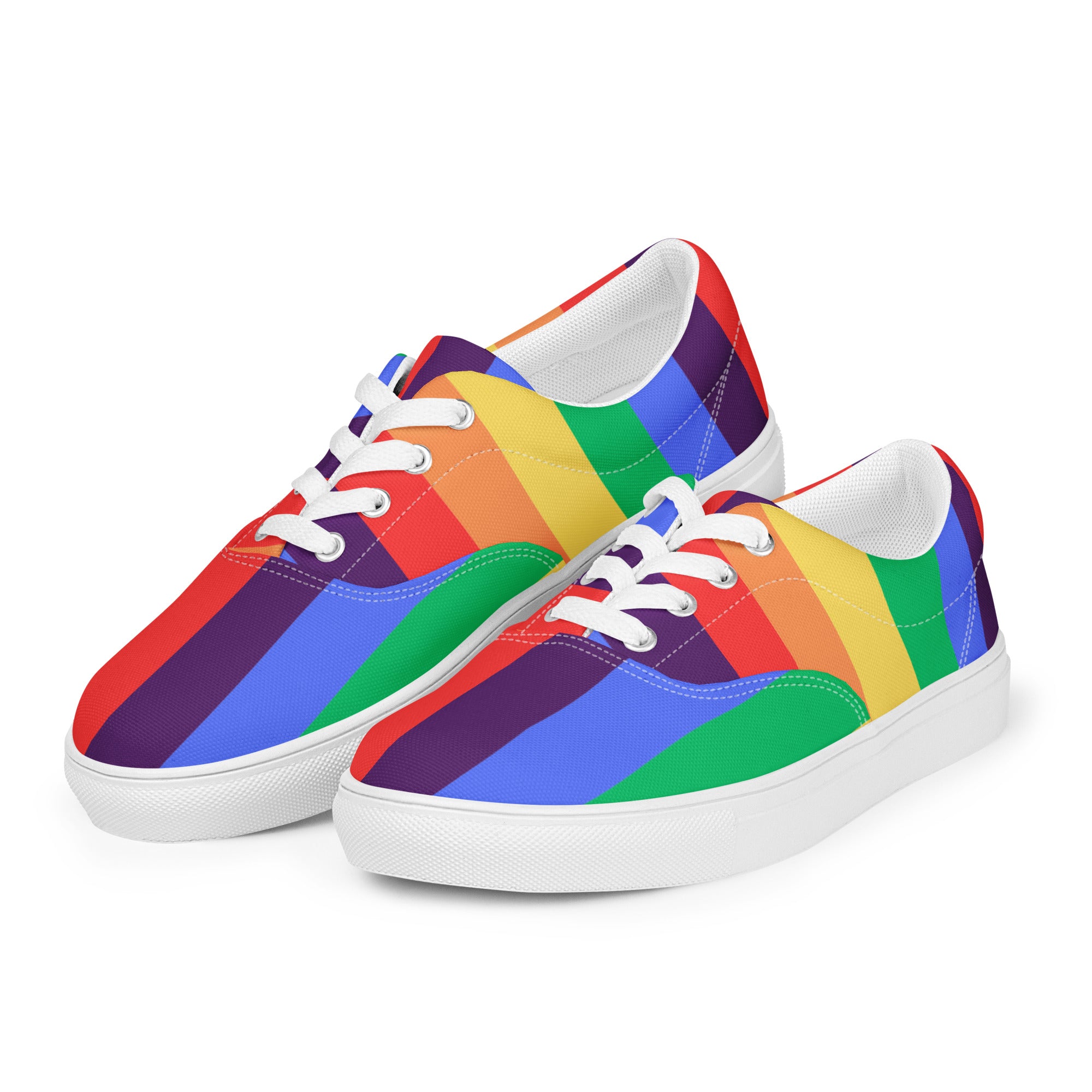 Product mockup of a pair of women's rainbow striped shoes with white soles and white laces