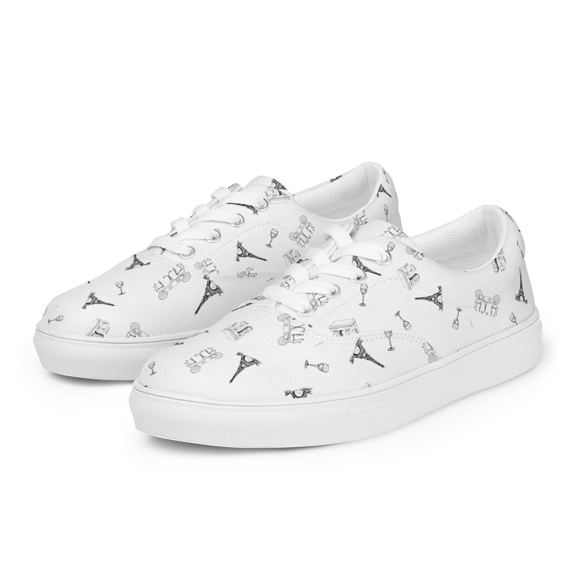 Women’s Parisian Elegance lace-up canvas shoes with french landmarks, black and white