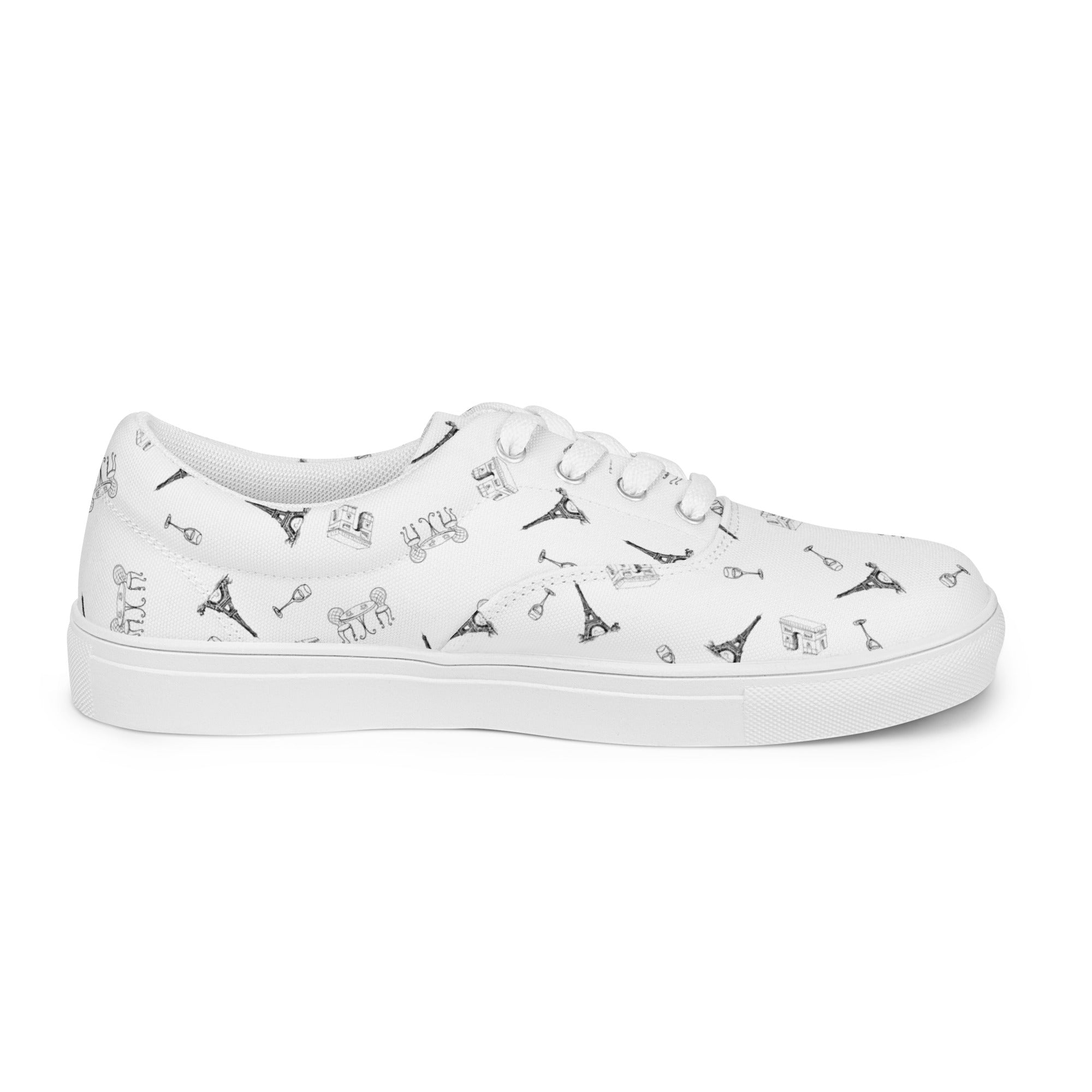 Women’s Parisian Elegance lace-up canvas shoes with french landmarks, black and white