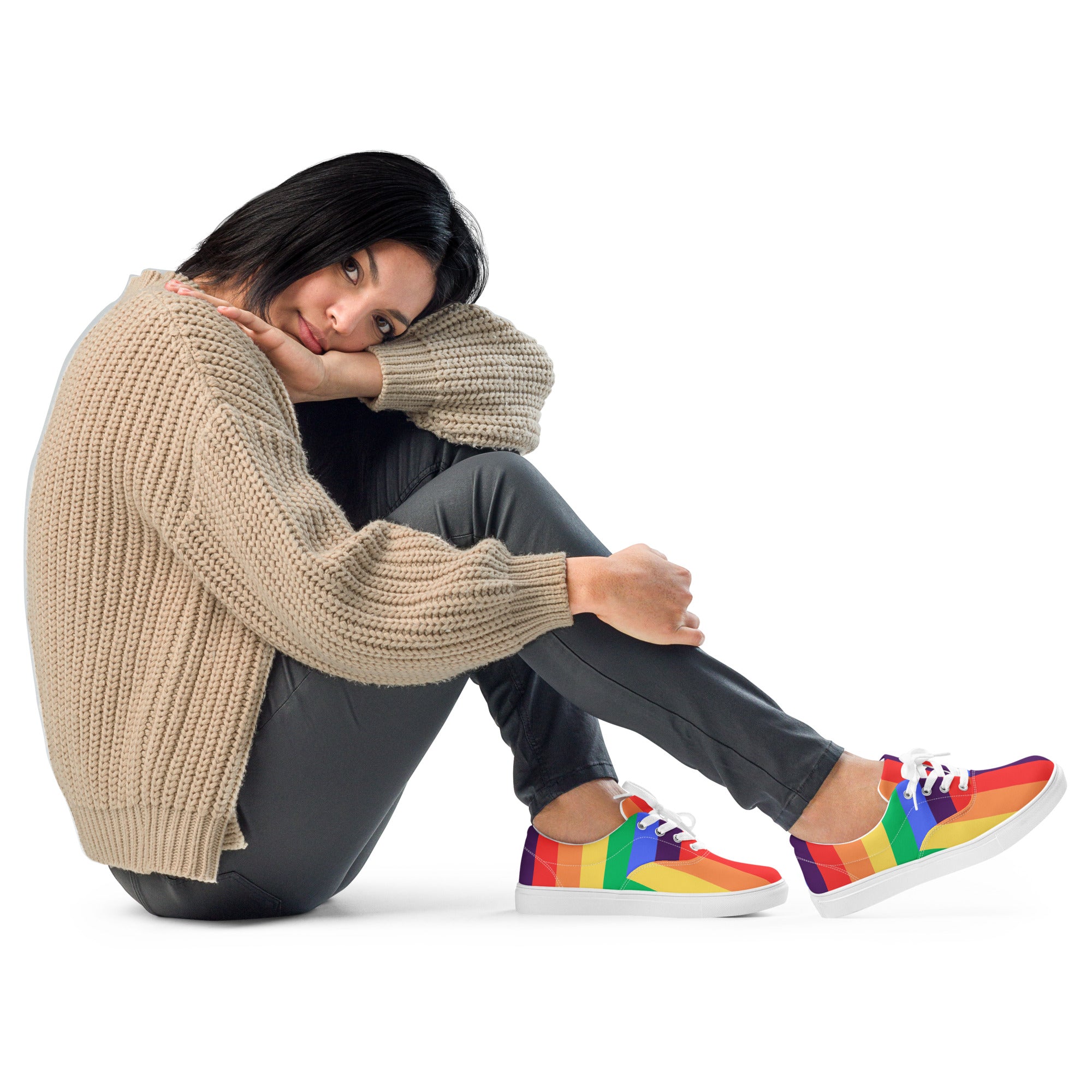 Product mockup of a pair of women's rainbow striped shoes with white soles and white laces