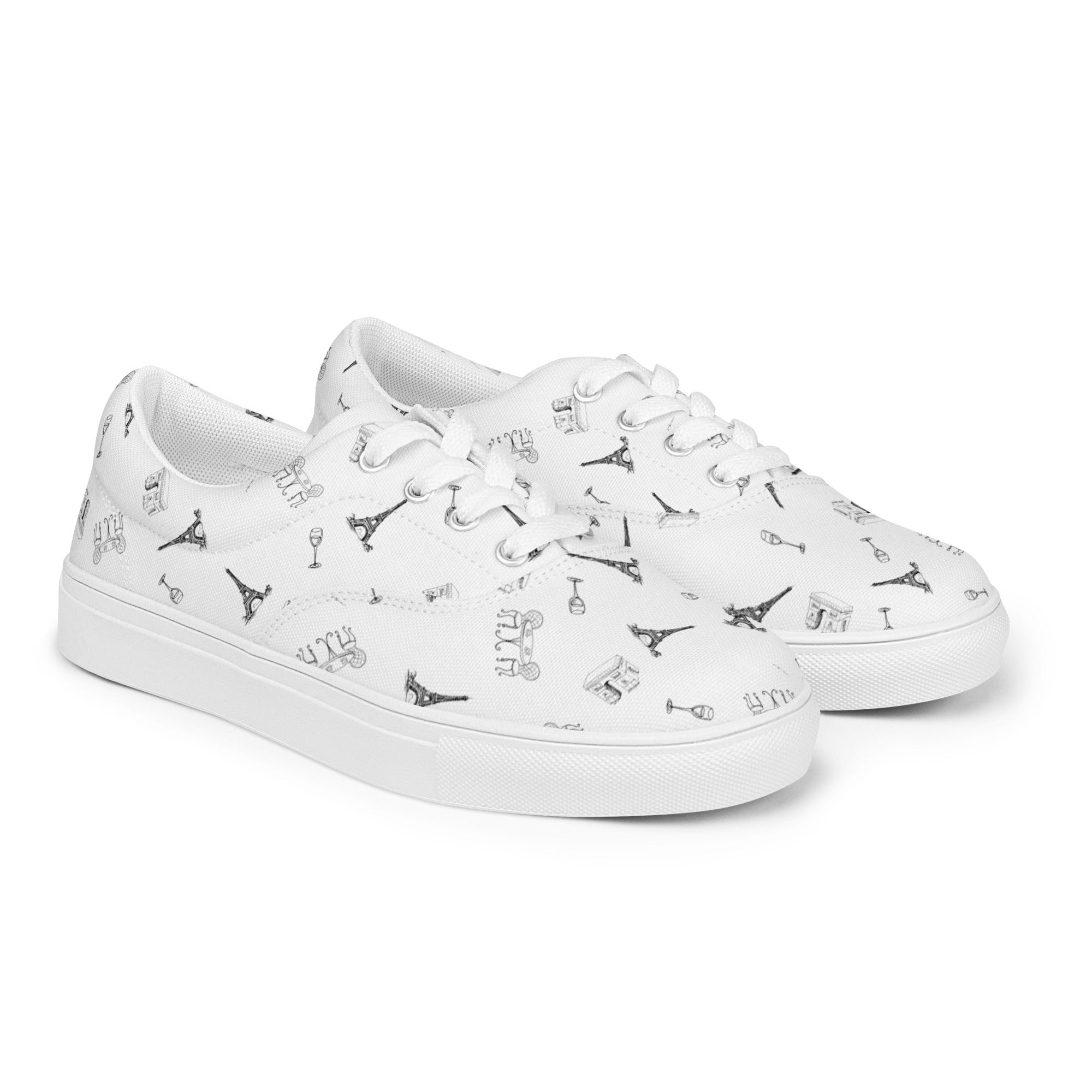 Women’s Parisian Elegance lace-up canvas shoes with french landmarks, black and white