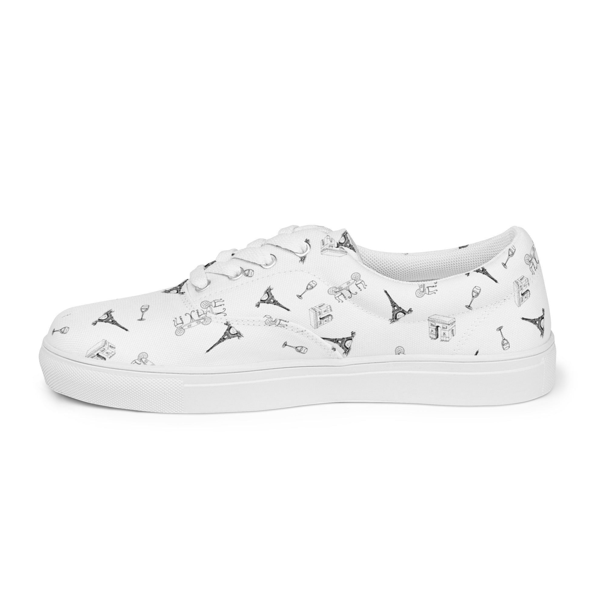 Women’s Parisian Elegance lace-up canvas shoes with french landmarks, black and white