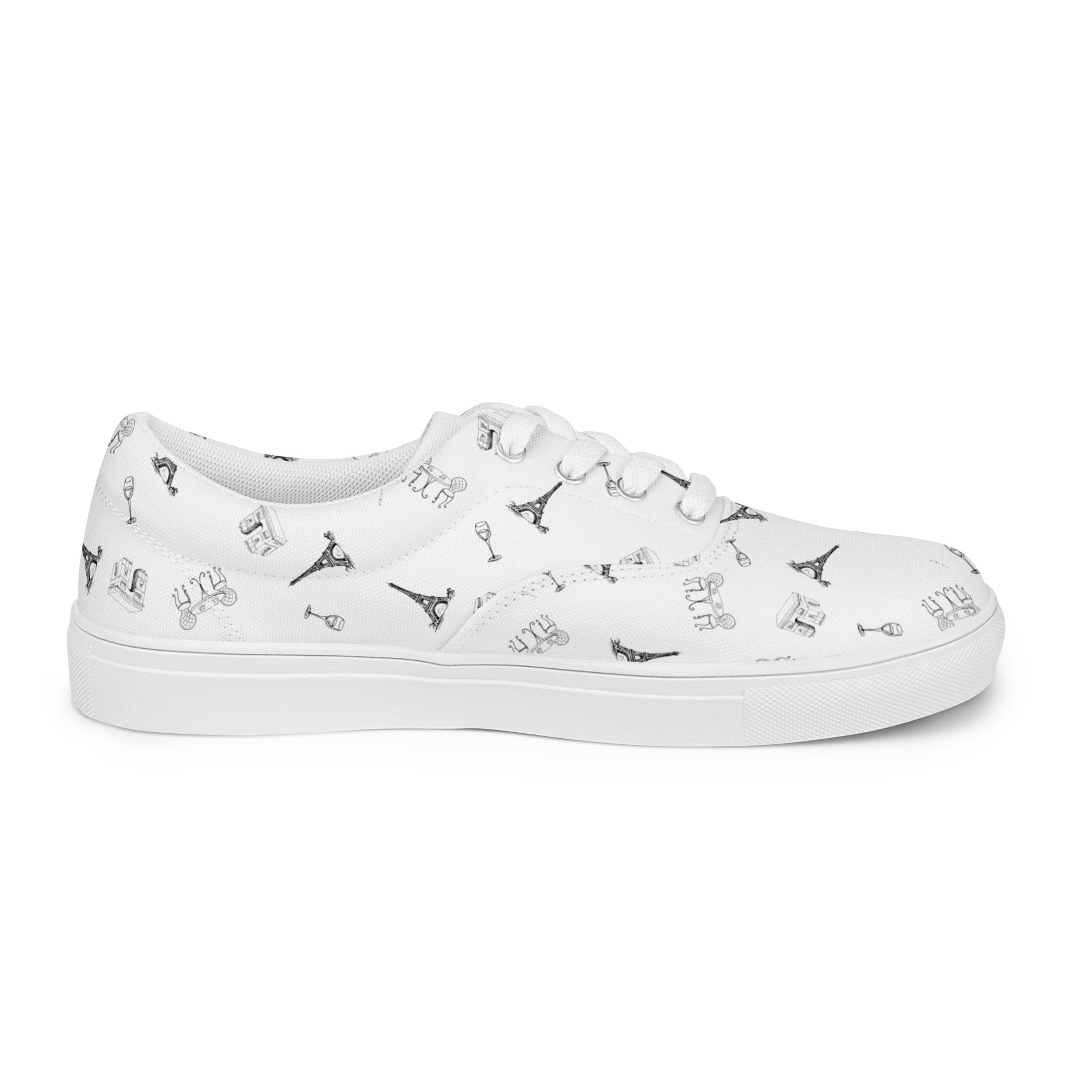 Women’s Parisian Elegance lace-up canvas shoes with french landmarks, black and white