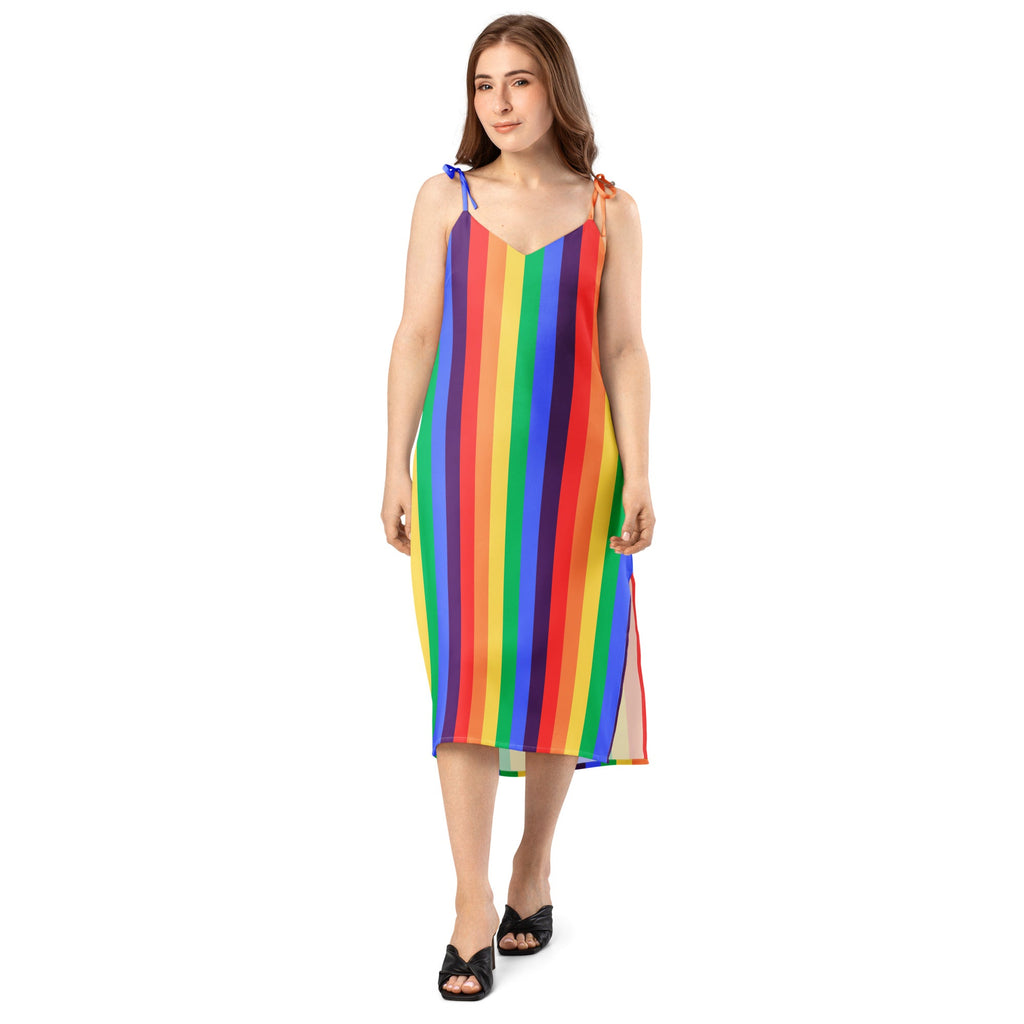 Women's rainbow striped Tie - strap midi dress