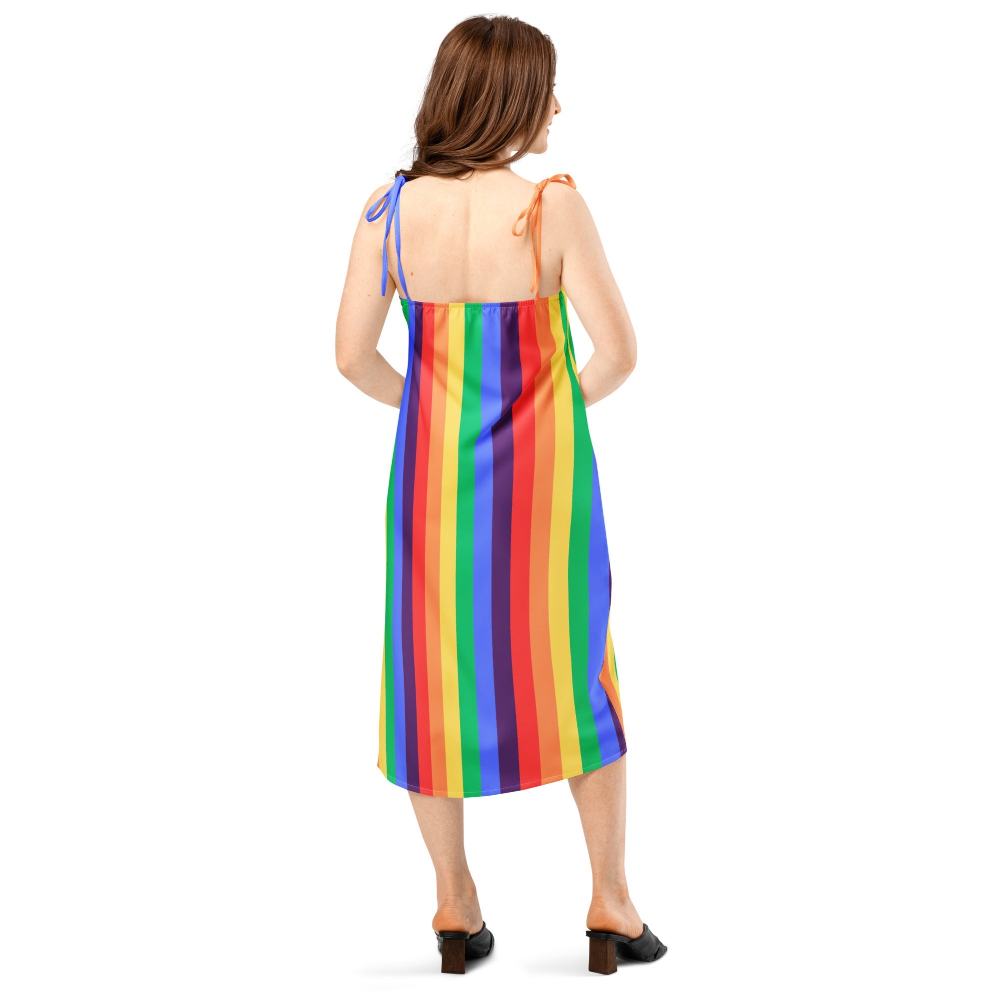 Women's rainbow striped Tie - strap midi dress