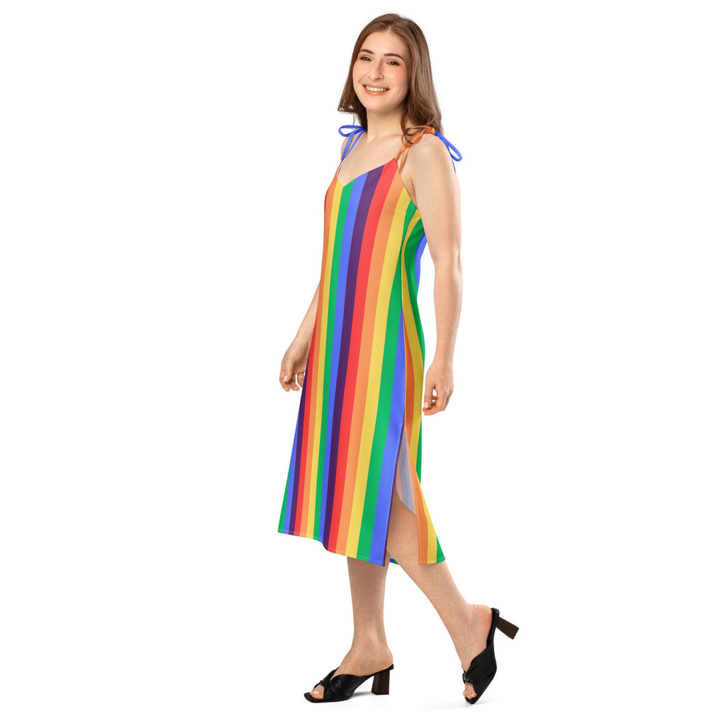 Women's rainbow striped Tie - strap midi dress