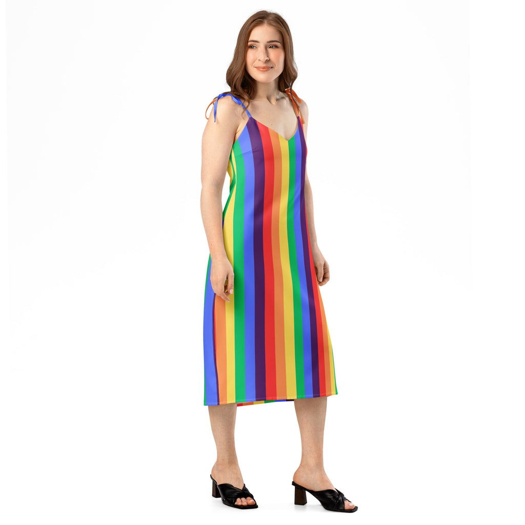 Women's rainbow striped Tie - strap midi dress