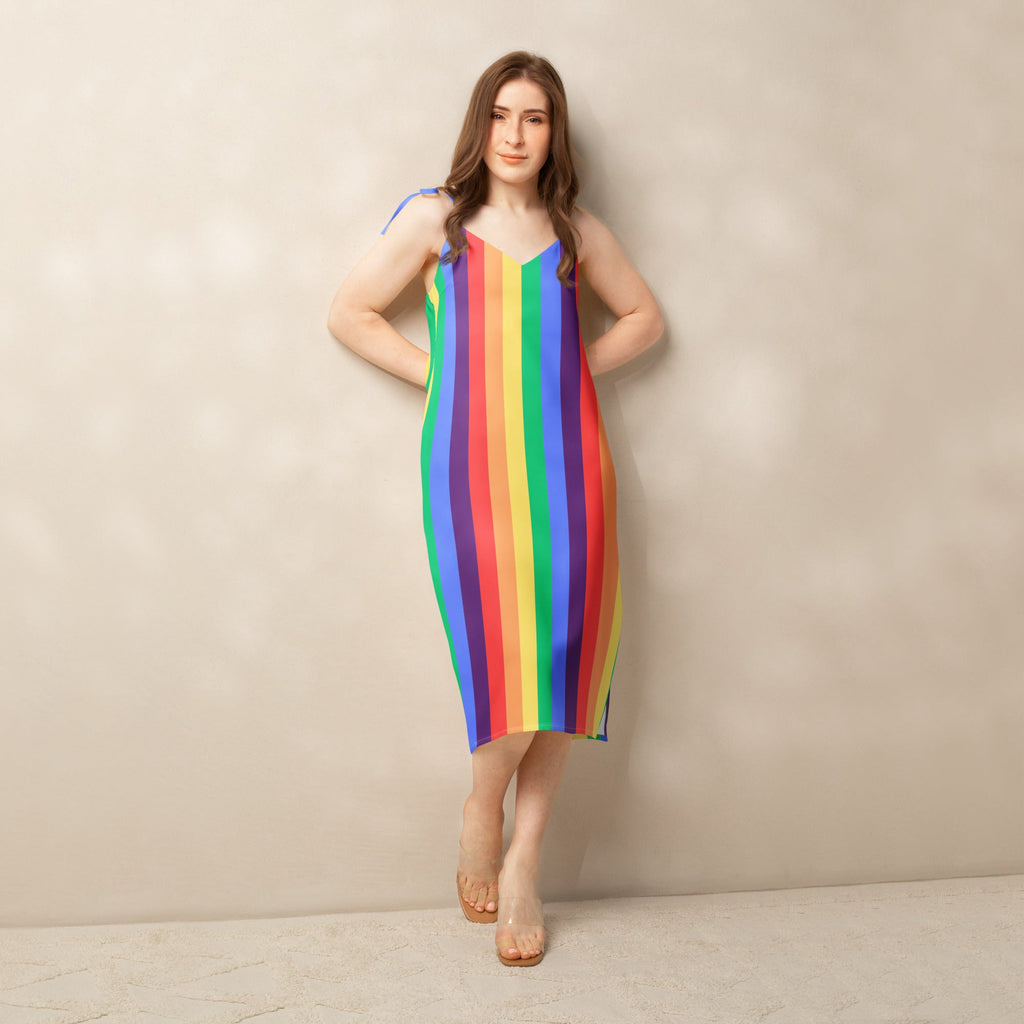 Women's rainbow striped Tie - strap midi dress