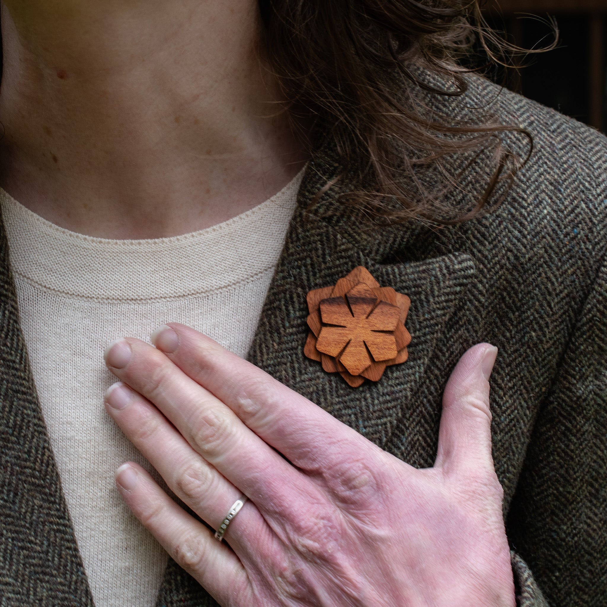 Wood Brooch | Layered Dahlia Rosette Brooch La Vie Bien Wood Brooch | Layered Dahlia Rosette