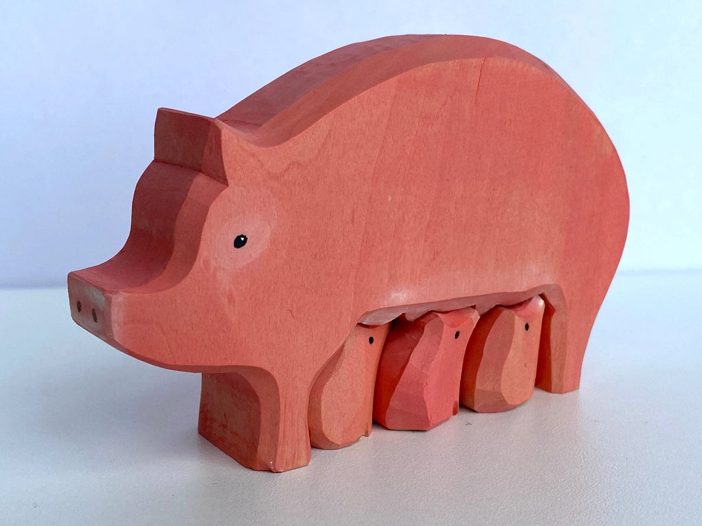 Wood Carved Pig with piglets by PoppyBabyCo