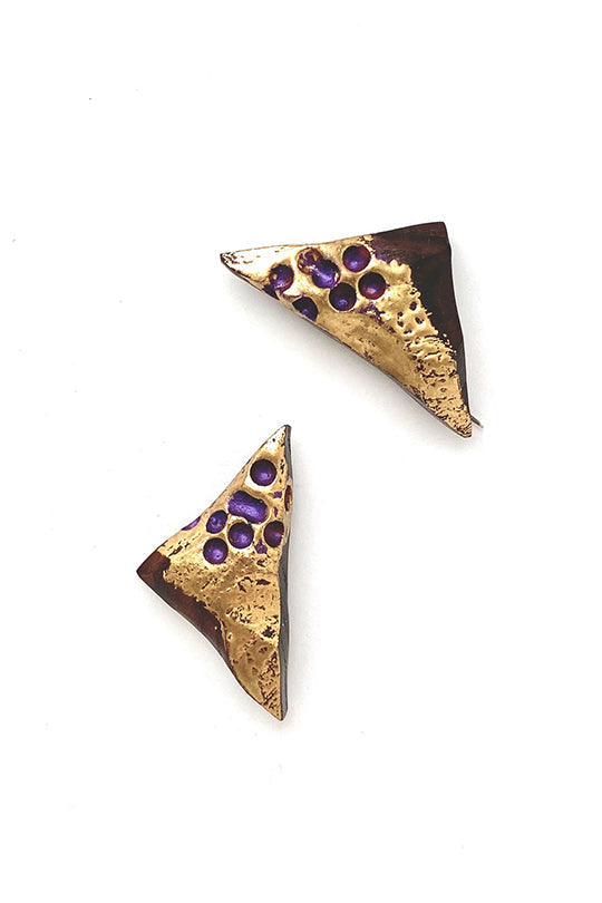 Asymmetric Purple Dot Wood Earrings
