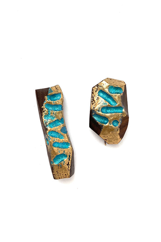 Asymmetric Teal and Gold Wood Earrings