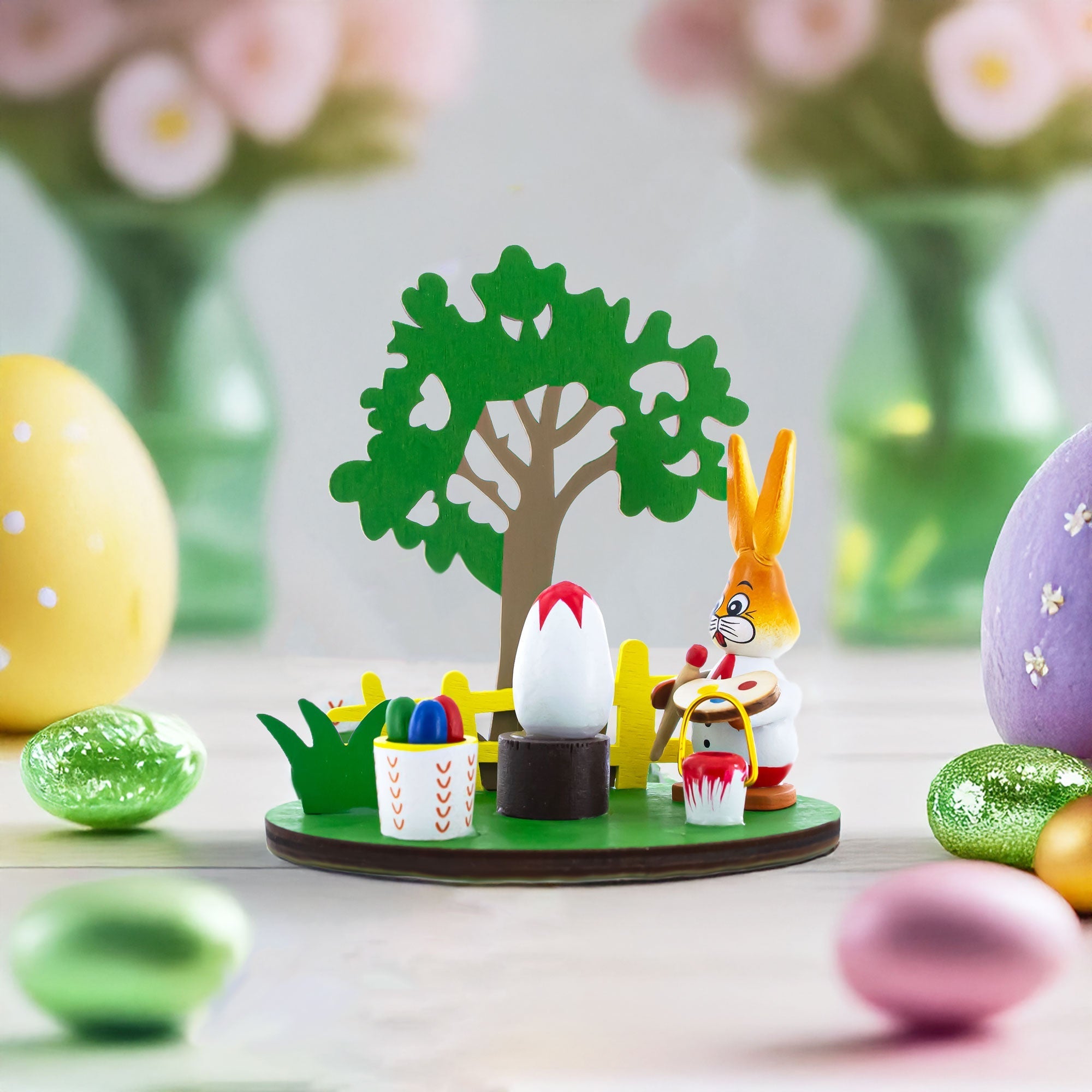 Wooden Bunny Figurine Decorating Easter Eggs Tabletop Scene 4.2 Inches Tall Easter > Figurines > Bunnies La Vie Bien Wooden Bunny Figurine Decorating Easter Eggs Tabletop Scene 4.2 Inches Tall