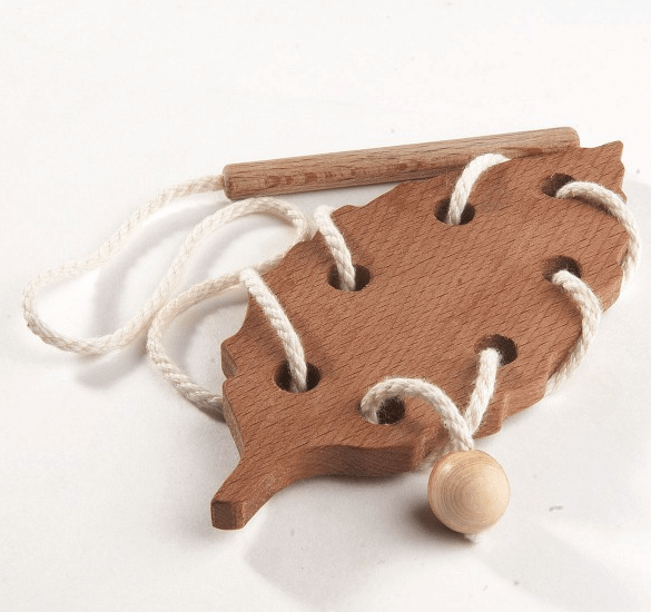 Wooden Lacing Beech Leaf Threading Toy by PoppyBabyCo