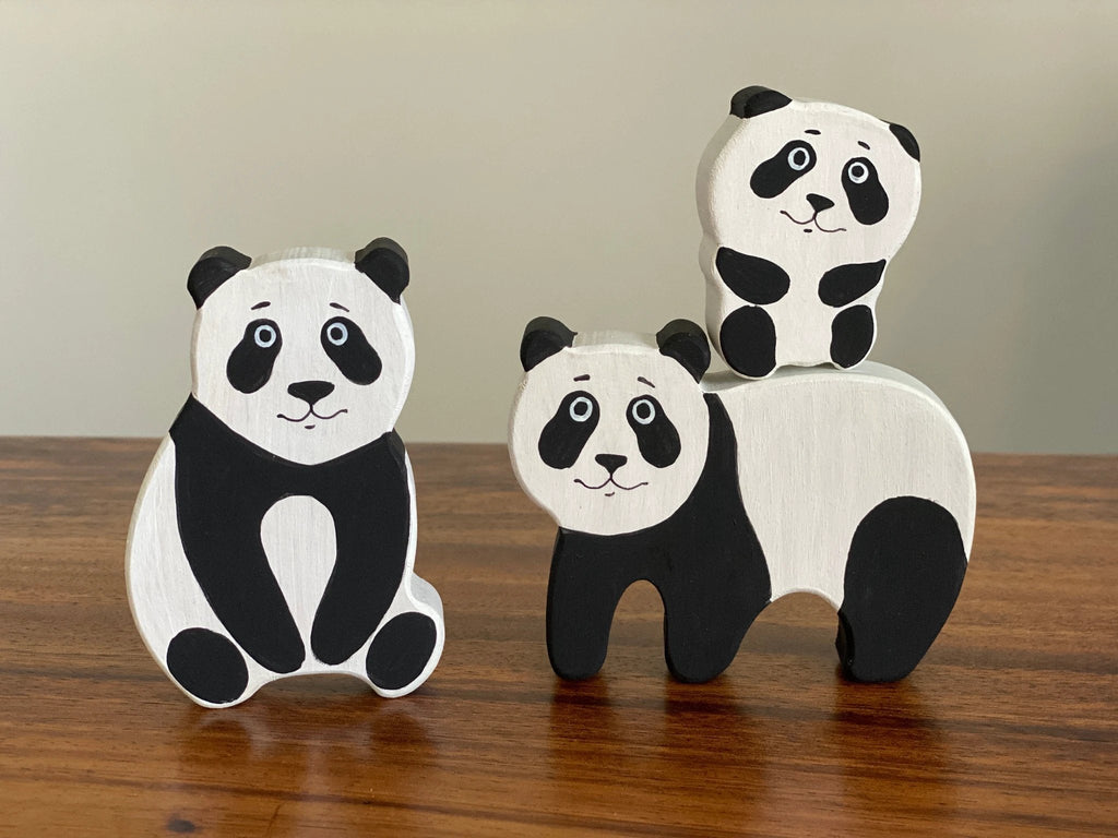 Wooden Panda Figurines Set of 3 by PoppyBabyCo