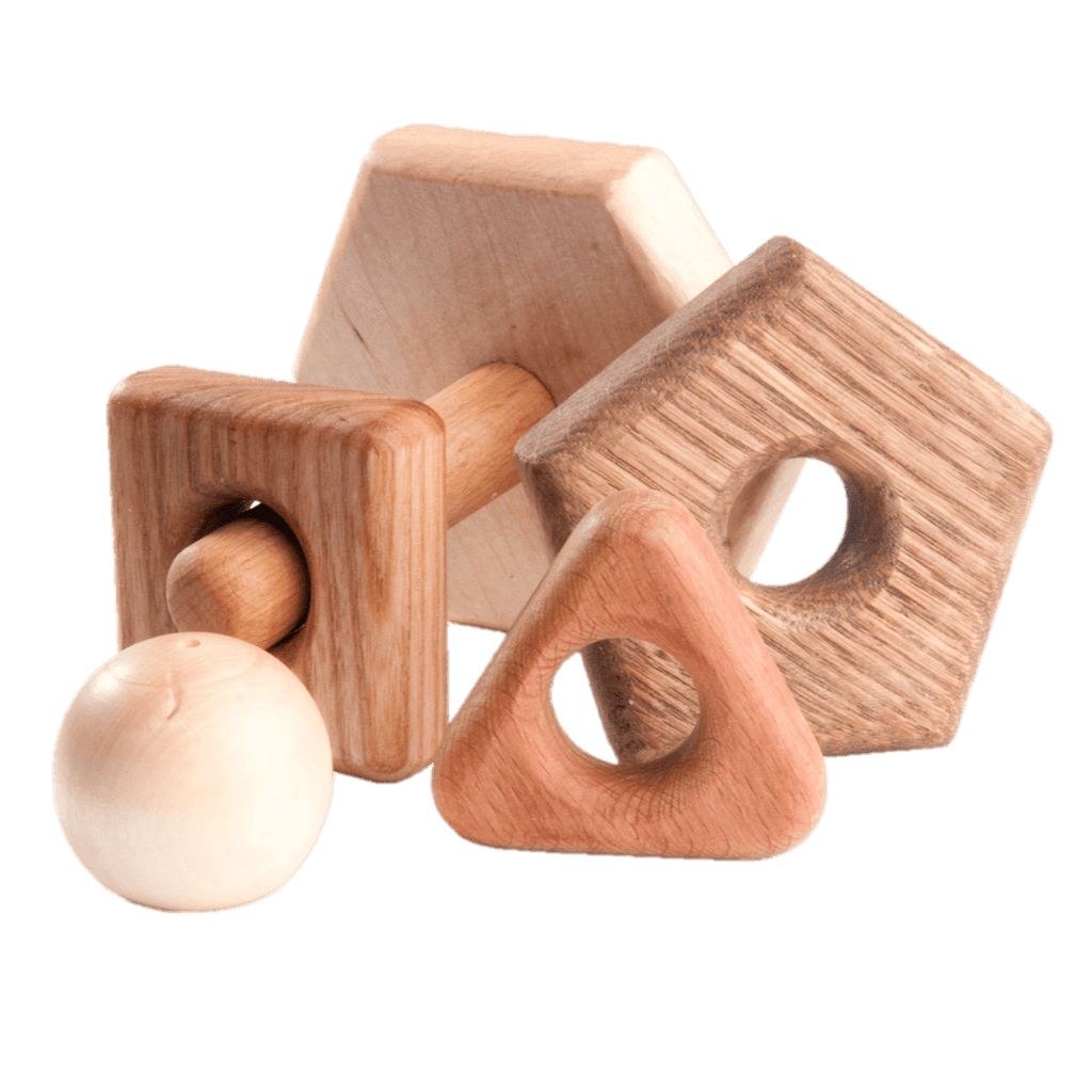 Wooden stacking toy in different shapes from 5 types of wood by PoppyBabyCo