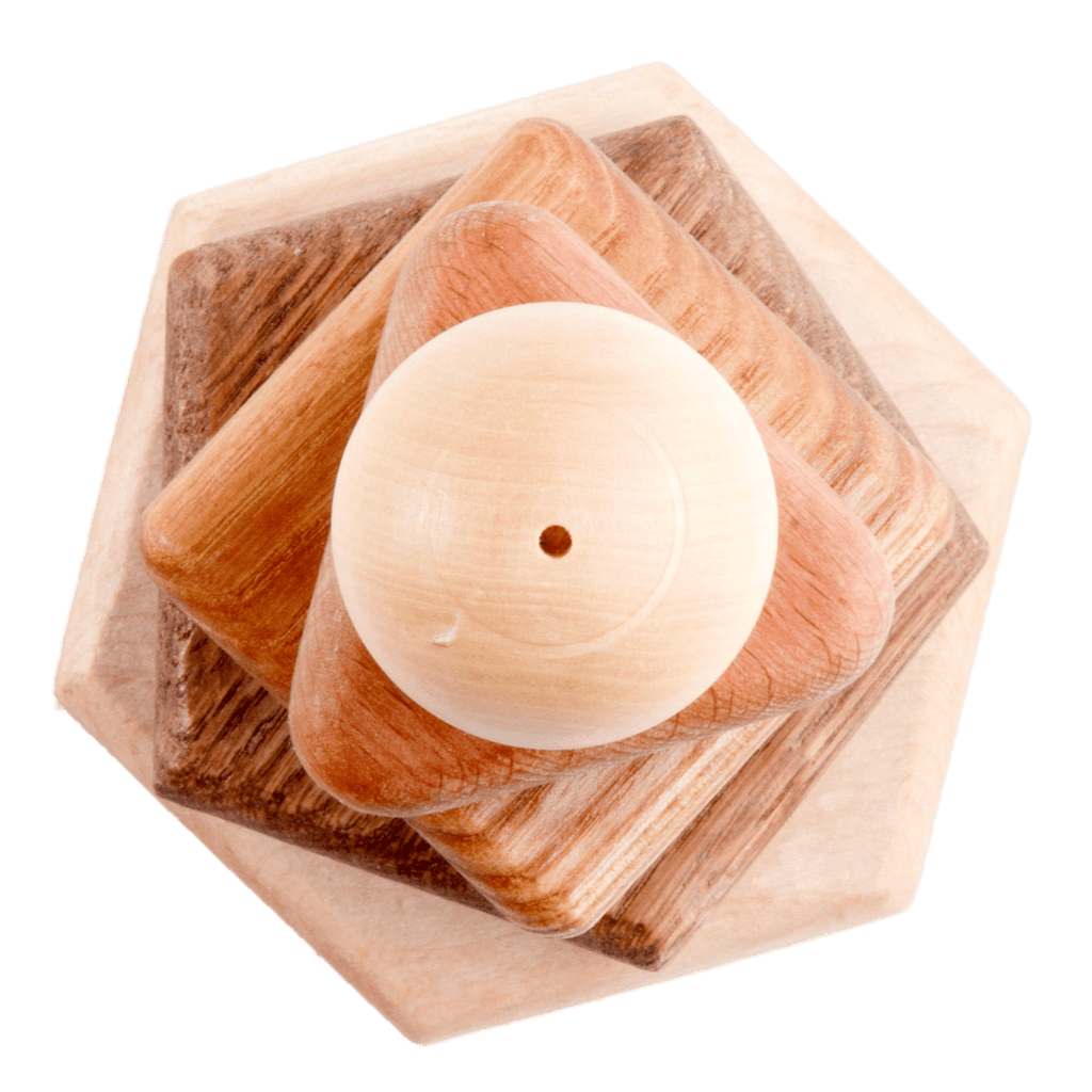 Wooden stacking toy in different shapes from 5 types of wood by PoppyBabyCo