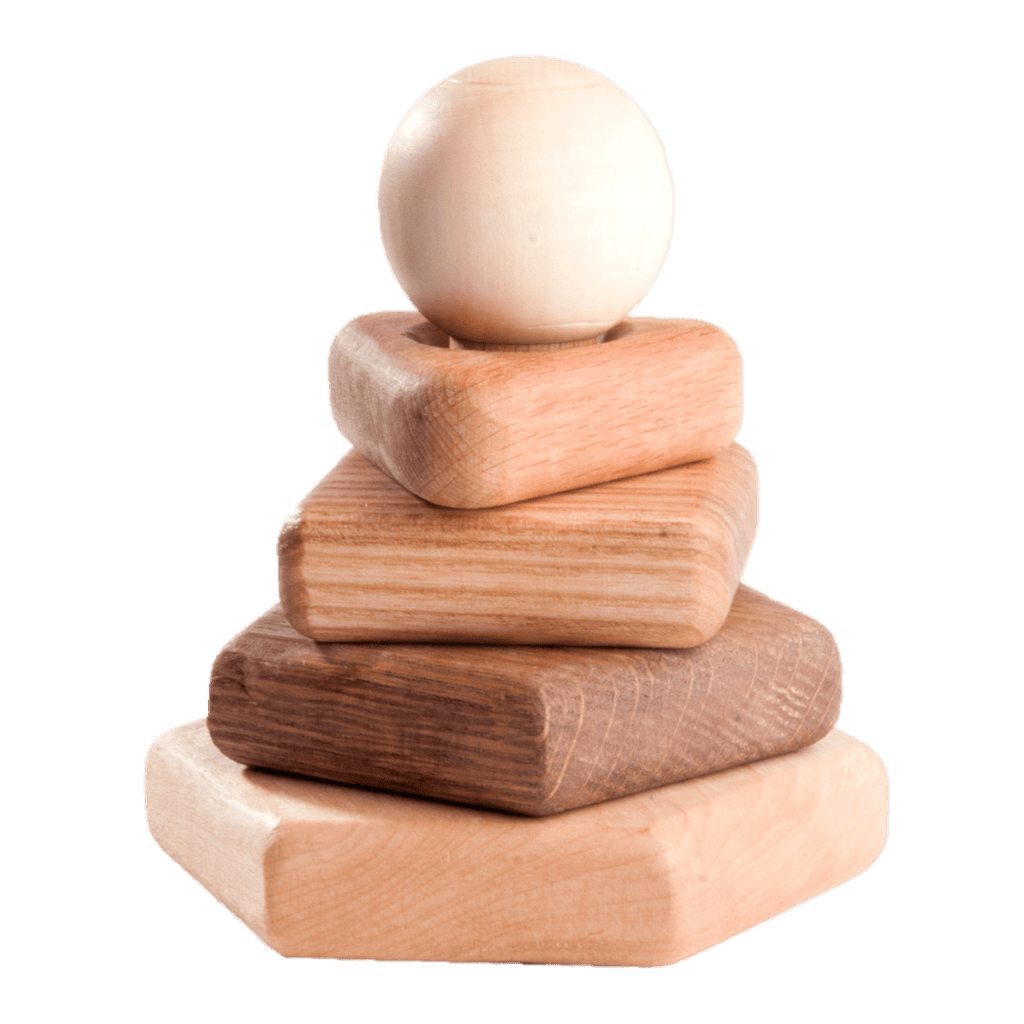 Wooden stacking toy in different shapes from 5 types of wood by PoppyBabyCo