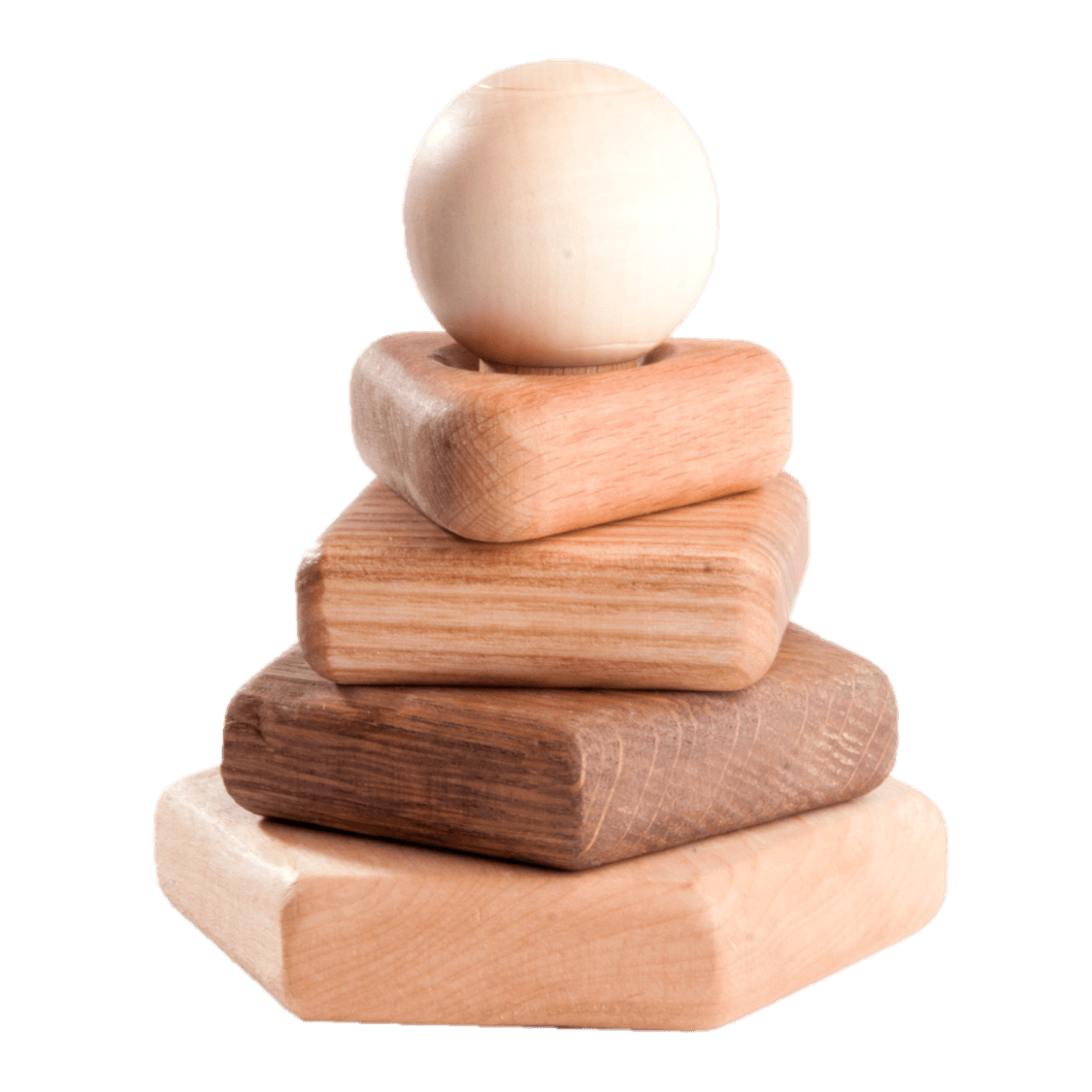 Wooden stacking toy in different shapes from 5 types of wood by PoppyBabyCo