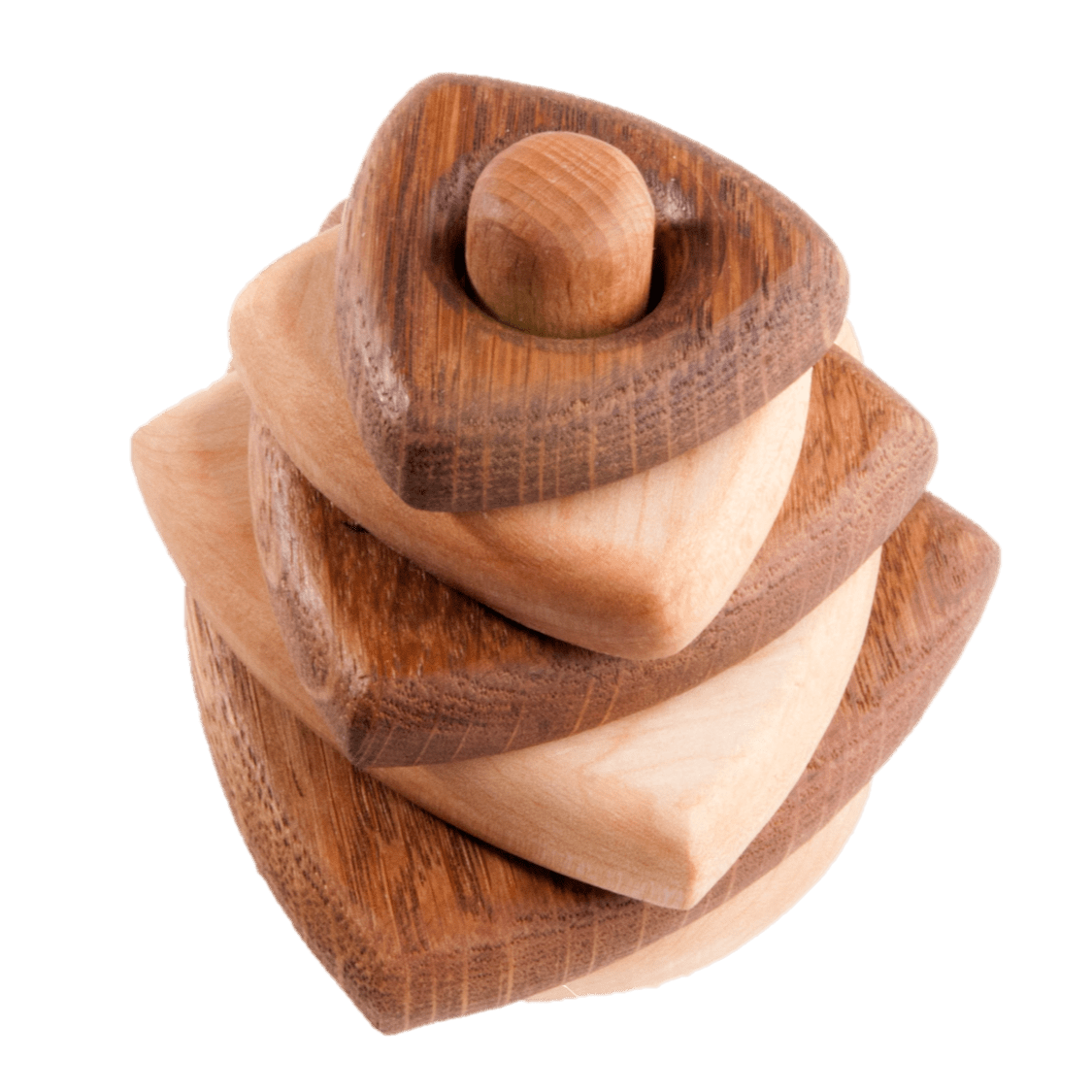Wooden stacking toy in triangle shape from 2 types of wood by PoppyBabyCo